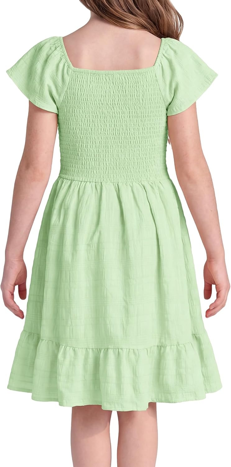Stelle Girls Summer Casual Smocked Dress 5-15 Years | Square Neck,Smocked Back,Cotton Lining,Short Sleeve,Double Layer,A Line,Twirl,Vacation School Beach Holiday Skater Dress(Pastel Green)