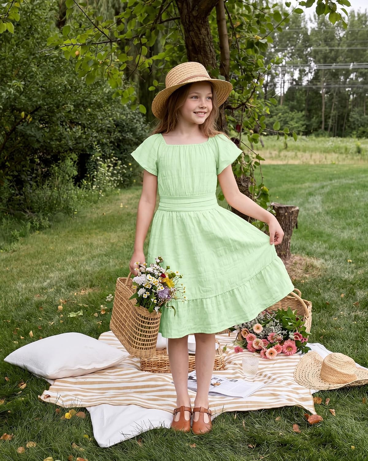 Stelle Girls Summer Casual Smocked Dress 5-15 Years | Square Neck,Smocked Back,Cotton Lining,Short Sleeve,Double Layer,A Line,Twirl,Vacation School Beach Holiday Skater Dress(Pastel Green)