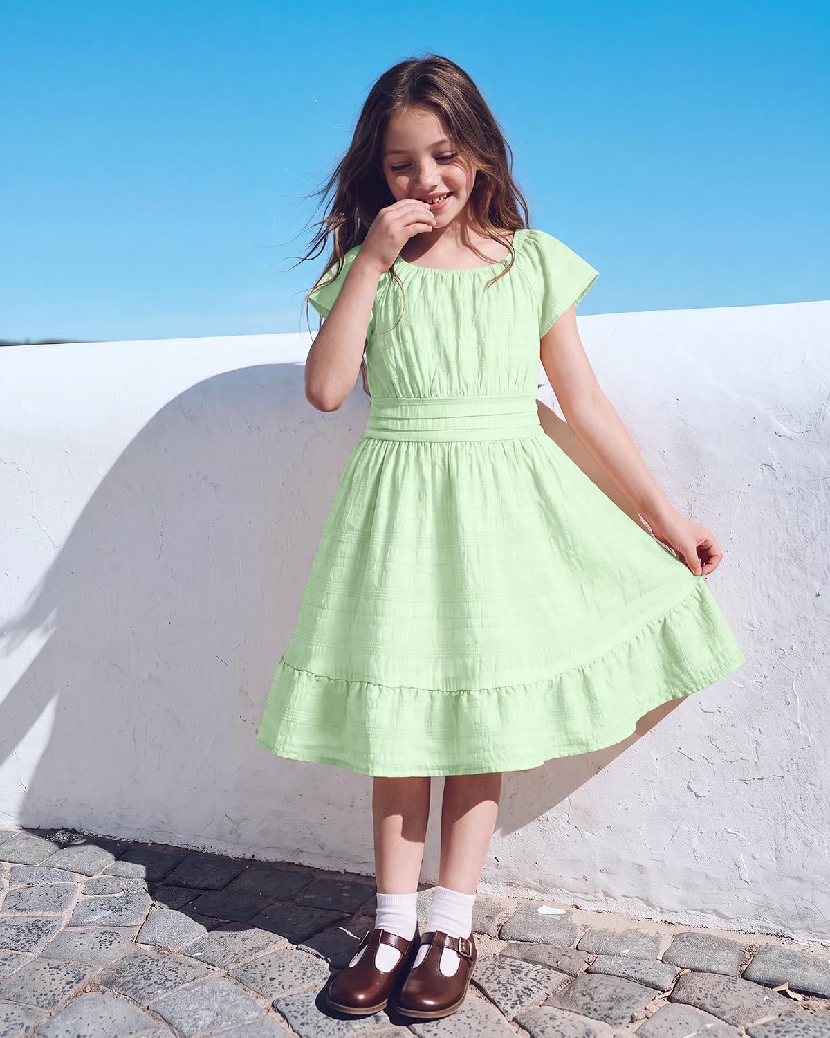 Stelle Girls Summer Casual Smocked Dress 5-15 Years | Square Neck,Smocked Back,Cotton Lining,Short Sleeve,Double Layer,A Line,Twirl,Vacation School Beach Holiday Skater Dress(Pastel Green)