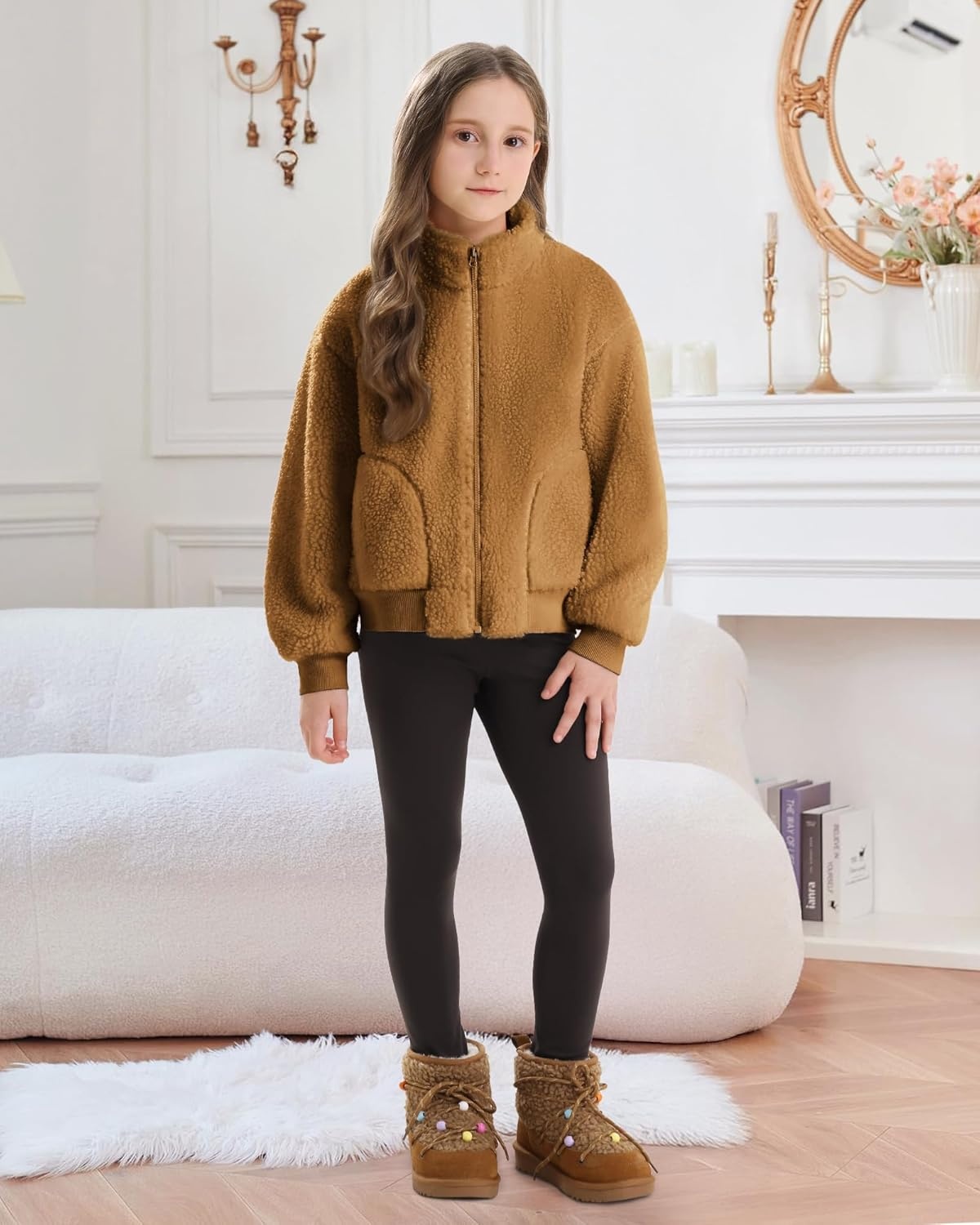 Stelle Girls Sherpa Jacket Fall Fleece Coat Full Zip Winter Fuzzy Outerwear with Pockets for 4-15 Years(Chestnut)