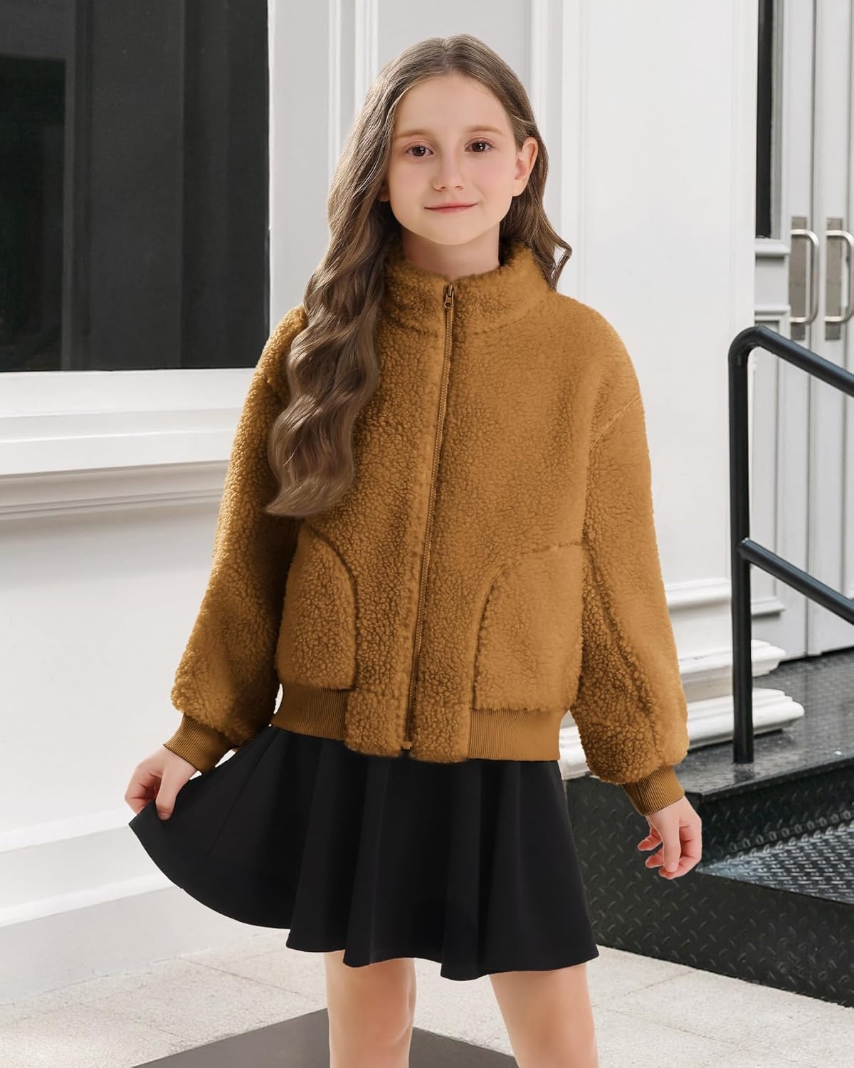 Stelle Girls Sherpa Jacket Fall Fleece Coat Full Zip Winter Fuzzy Outerwear with Pockets for 4-15 Years(Chestnut)