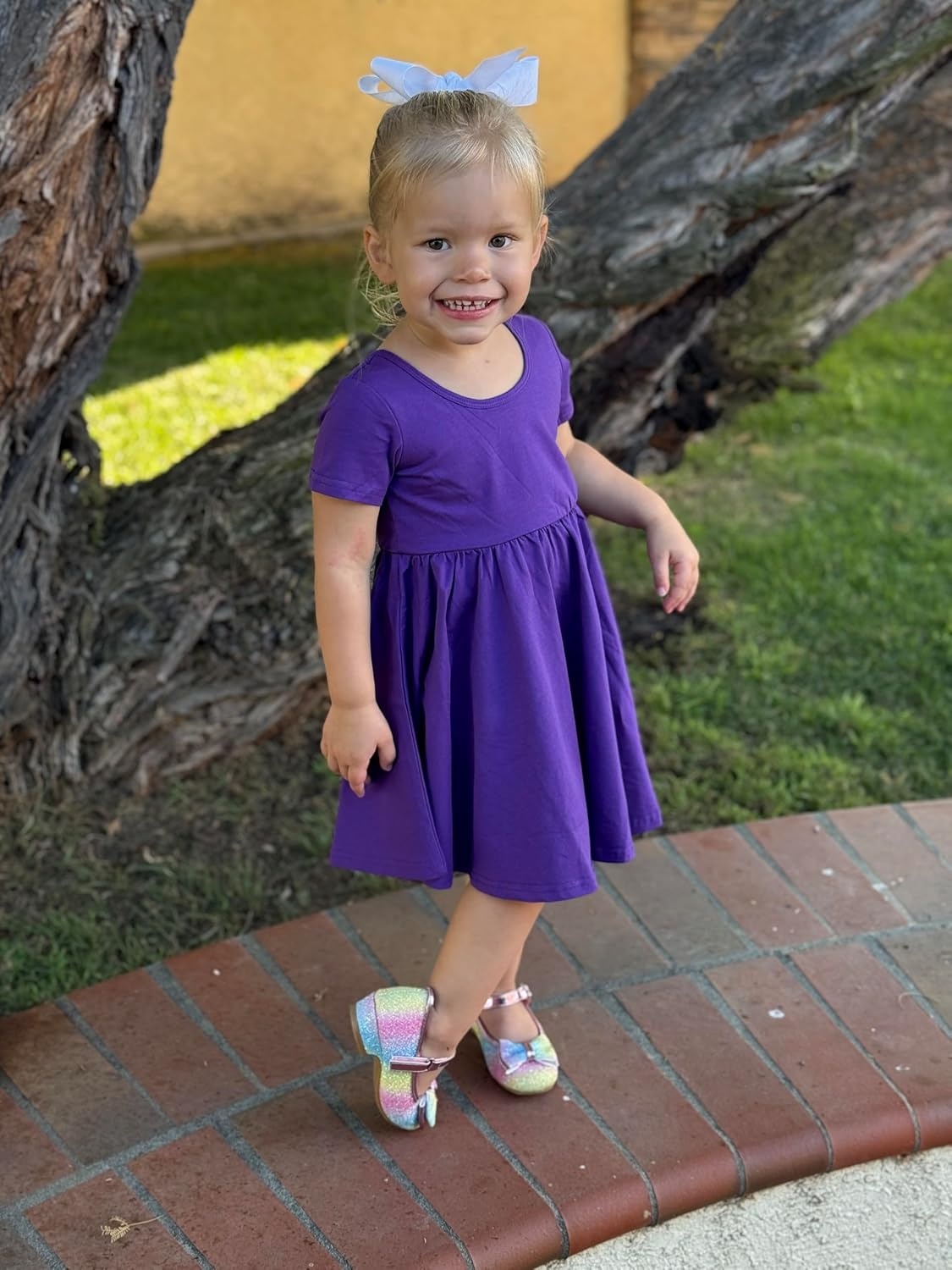 Stelle Girls Cotton Short Sleeve Twirl Skater Dress 3T-12Y(A02-purple (Without Pocket))