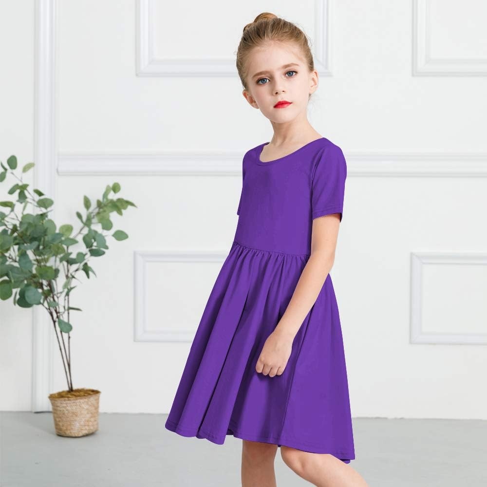 Stelle Girls Cotton Short Sleeve Twirl Skater Dress 3T-12Y(A02-purple (Without Pocket))