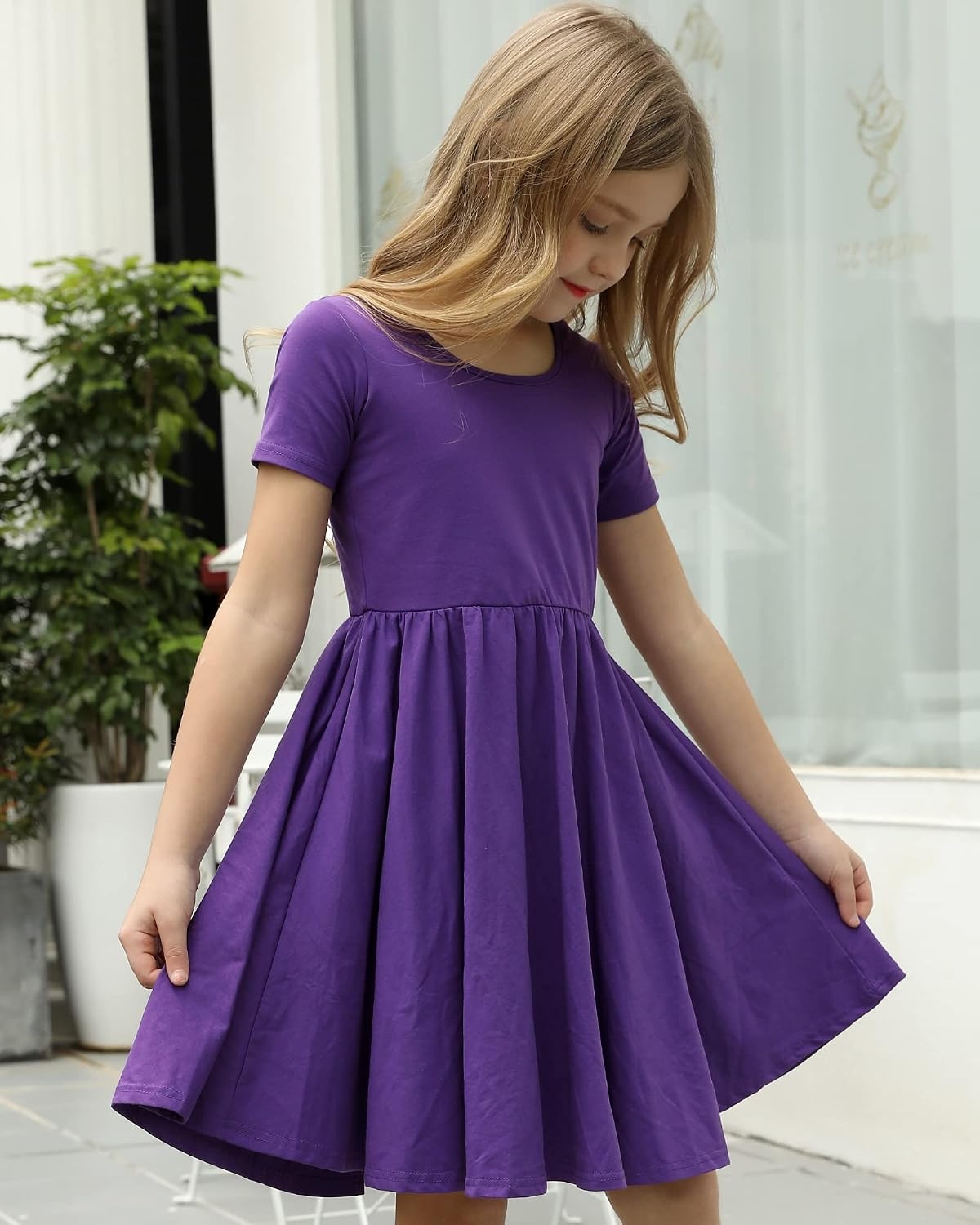 Stelle Girls Cotton Short Sleeve Twirl Skater Dress 3T-12Y(A02-purple (Without Pocket))