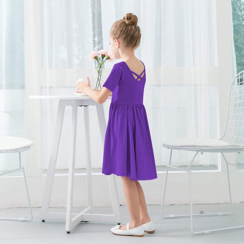 Stelle Girls Cotton Short Sleeve Twirl Skater Dress 3T-12Y(A02-purple (Without Pocket))