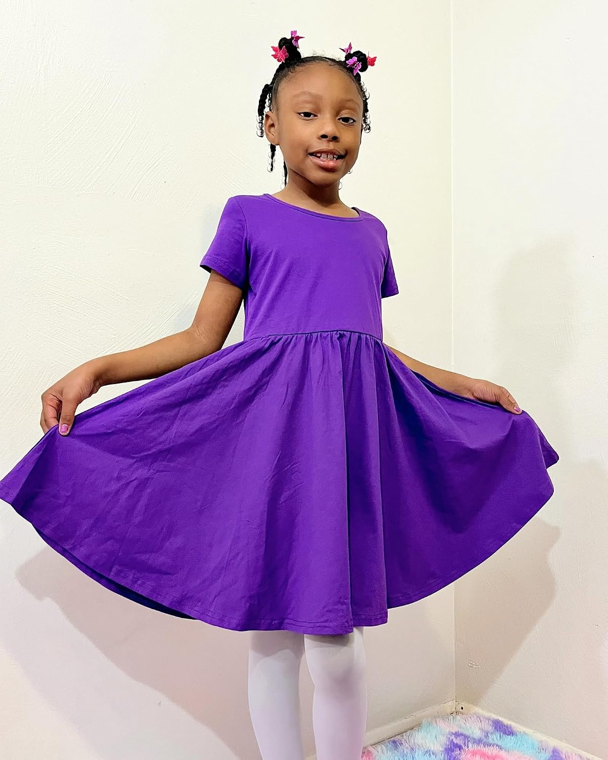 Stelle Girls Cotton Short Sleeve Twirl Skater Dress 3T-12Y(A02-purple (Without Pocket))
