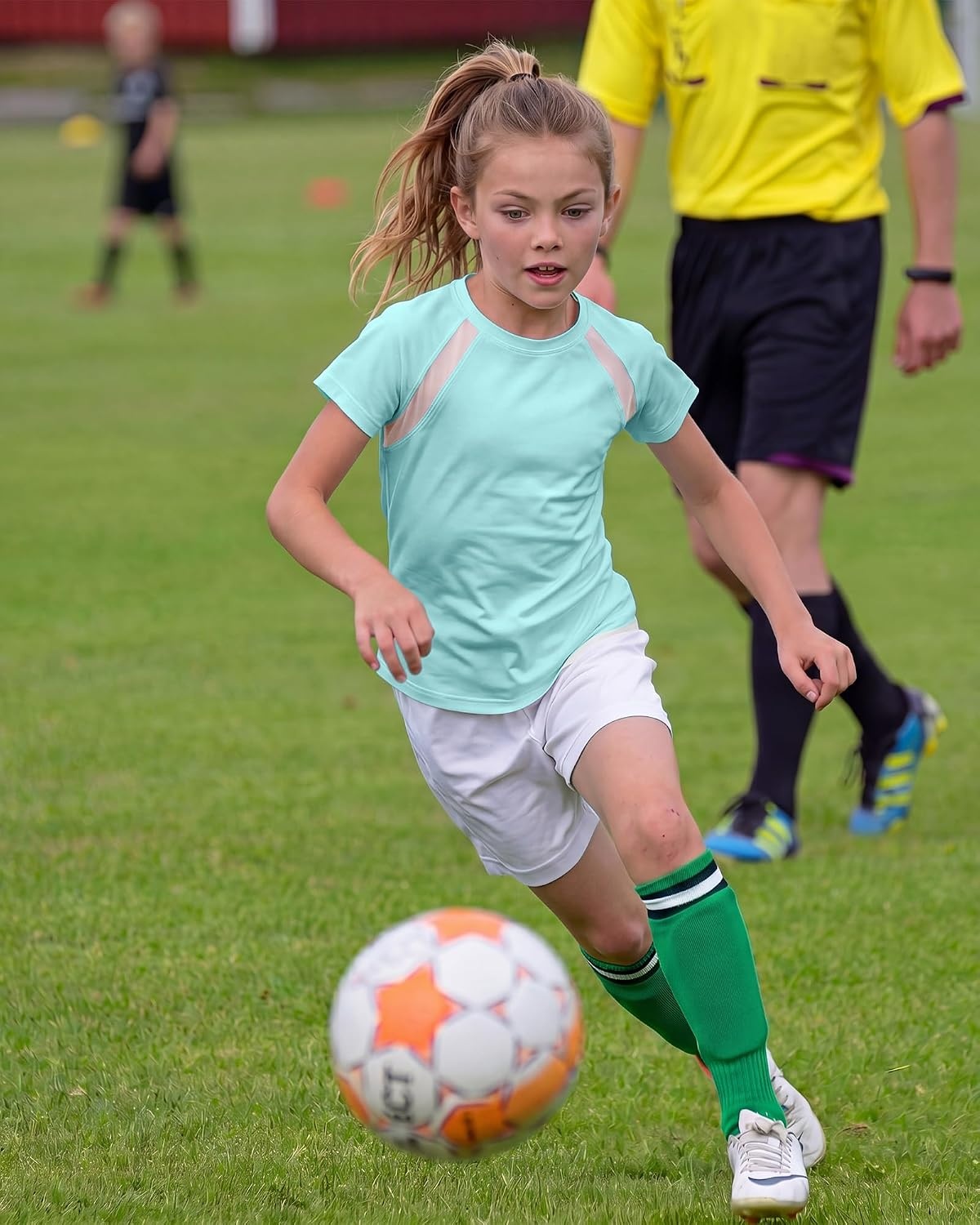 Stelle Athletic Shirts for Girls Short Sleeve Soccer Active Tshirts Kids(Aqua Blue-07)