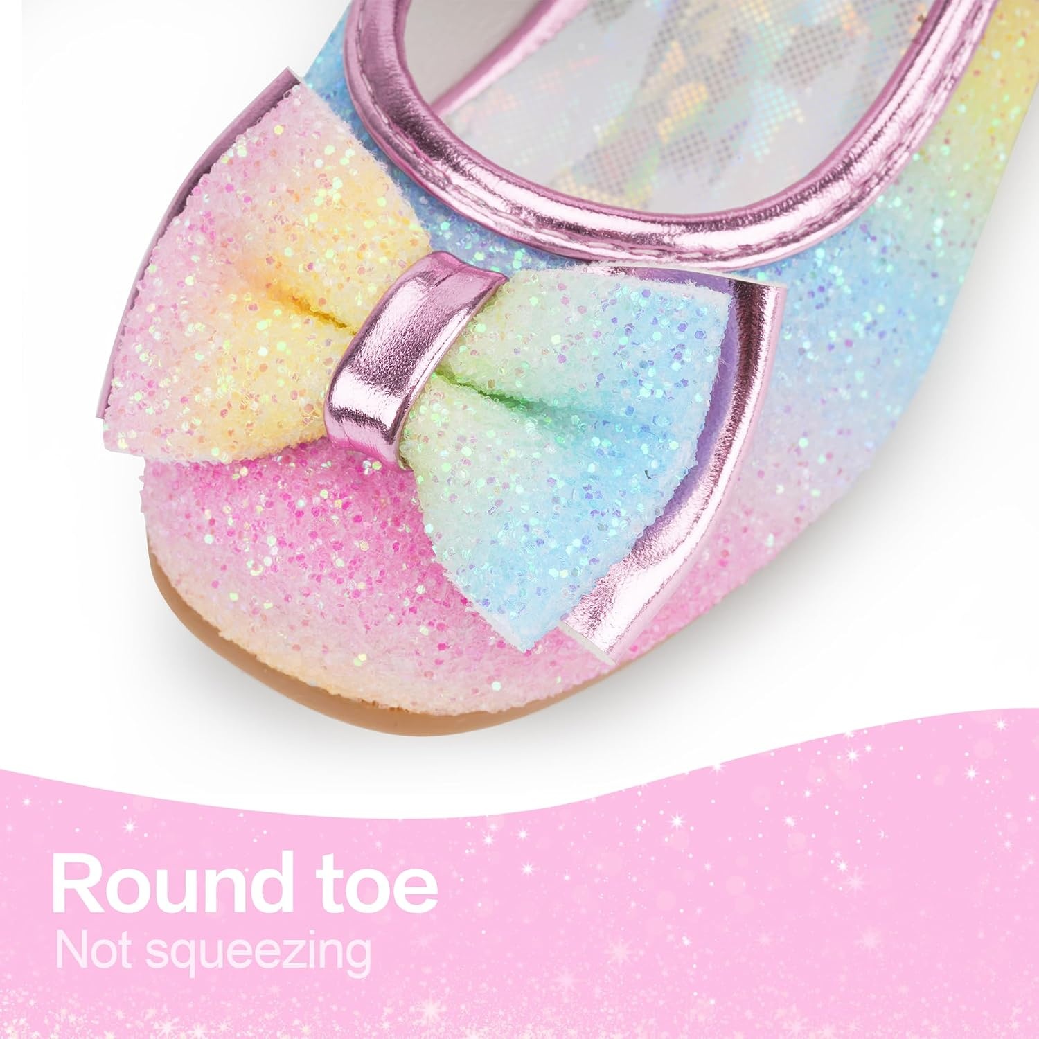 Stelle Girls Dress Shoes Glitter Princess Low Heels for Party Wedding Prom | Shiny glitter finish, Bowknot charms, 1 inch Low Heel, Cushioned comfort, Dress-up, Special occasions, Comfortable fit(T08-rainbow)