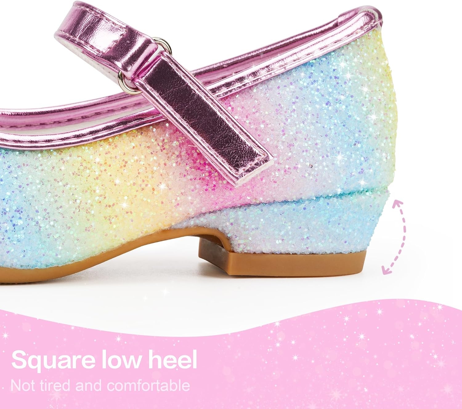 Stelle Girls Dress Shoes Glitter Princess Low Heels for Party Wedding Prom | Shiny glitter finish, Bowknot charms, 1 inch Low Heel, Cushioned comfort, Dress-up, Special occasions, Comfortable fit(T08-rainbow)