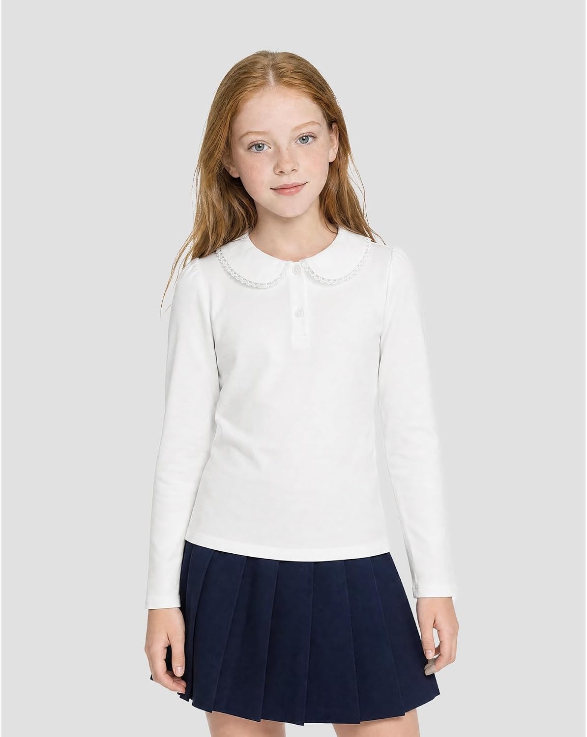 Stelle Girls Long Sleeve Polo Shirts School Uniform Peter Pan Collar Tops | Puff Sleeve, Lace Trim, Cotton-Blend, Button Down, Solid-Color, White Blouse, Classic, Lightweight, Breathable, Kids Clothes(White)