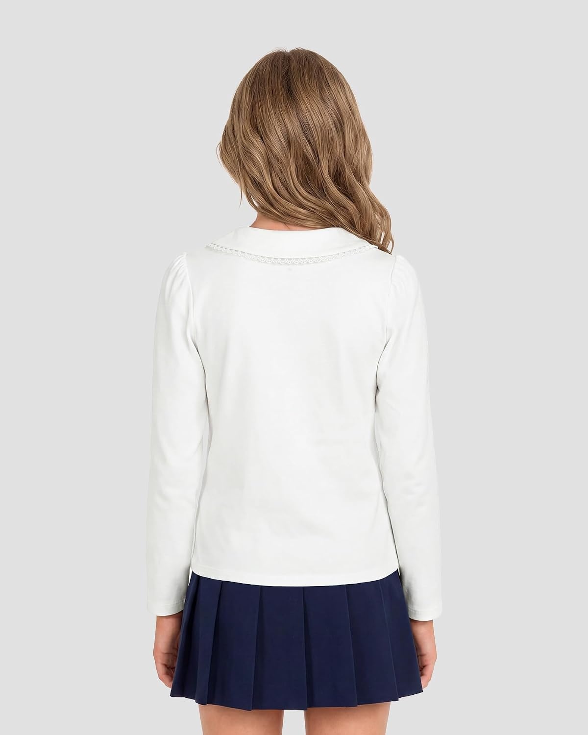 Stelle Girls Long Sleeve Polo Shirts School Uniform Peter Pan Collar Tops | Puff Sleeve, Lace Trim, Cotton-Blend, Button Down, Solid-Color, White Blouse, Classic, Lightweight, Breathable, Kids Clothes(White)