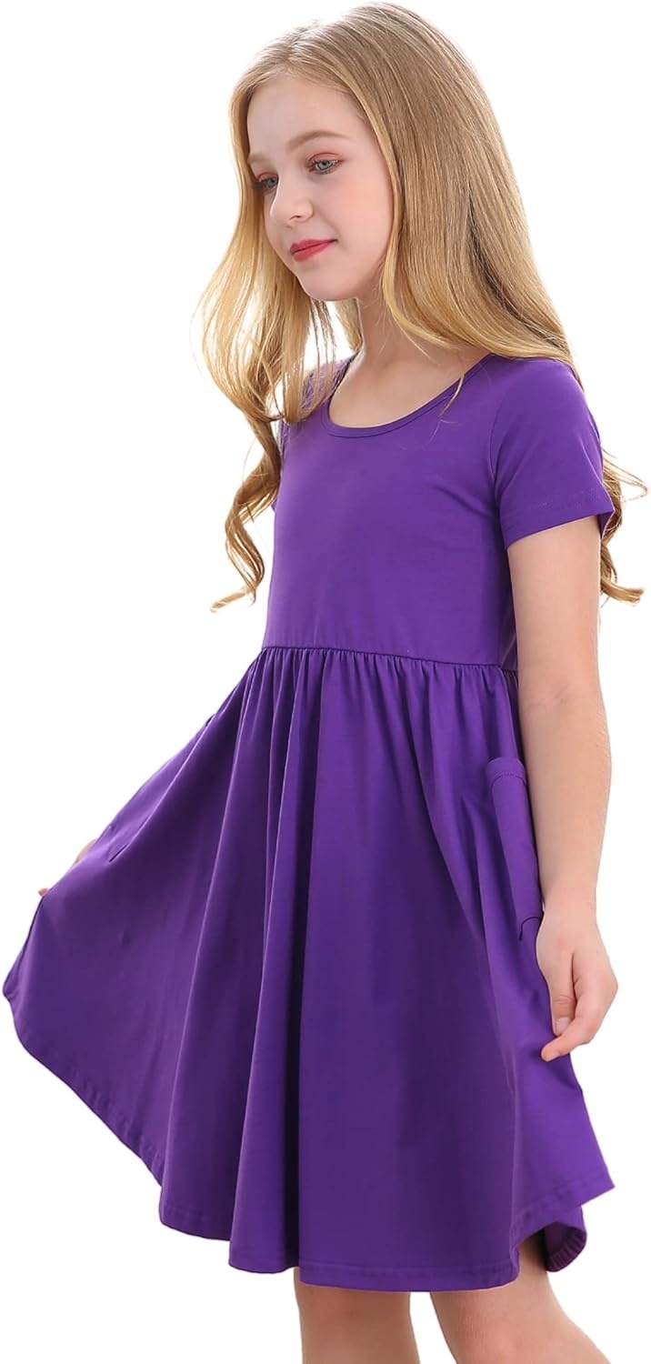 Stelle Girls Cotton Short Sleeve Twirl Skater Dress 3T-12Y | Twirl-Friendly Skirt, A Line,Criss Cross Back,Dress for School,Dance,Playwear,Casual,Active,Soft Stretch Breathable Comfy(A19-purple (With Pocket))