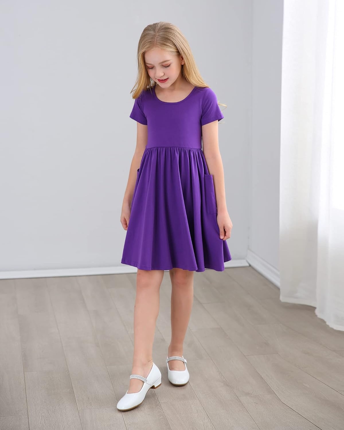 Stelle Girls Cotton Short Sleeve Twirl Skater Dress 3T-12Y | Twirl-Friendly Skirt, A Line,Criss Cross Back,Dress for School,Dance,Playwear,Casual,Active,Soft Stretch Breathable Comfy(A19-purple (With Pocket))