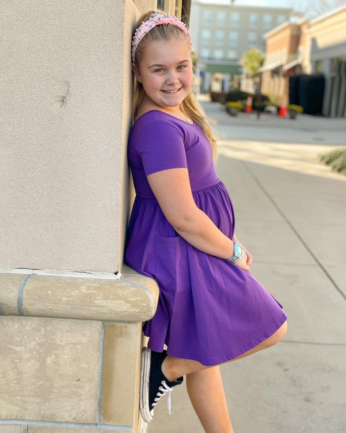 Stelle Girls Cotton Short Sleeve Twirl Skater Dress 3T-12Y | Twirl-Friendly Skirt, A Line,Criss Cross Back,Dress for School,Dance,Playwear,Casual,Active,Soft Stretch Breathable Comfy(A19-purple (With Pocket))
