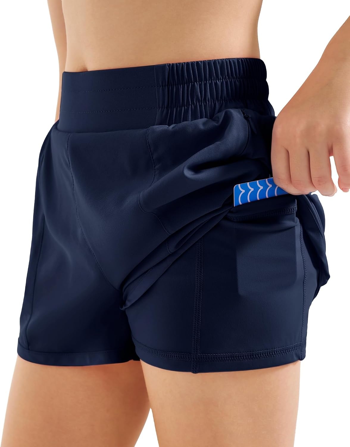 Stelle Girls 2-in-1 Athletic Shorts with Zipper Pockets for Running Sports(Navy)