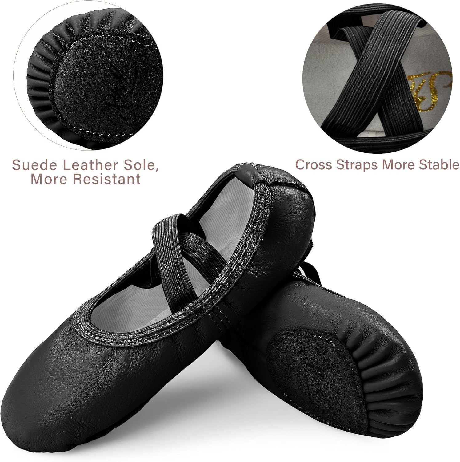 Stelle Ballet Shoes for Girls Genuine Leather Dance Slippers(Black (No-tie))