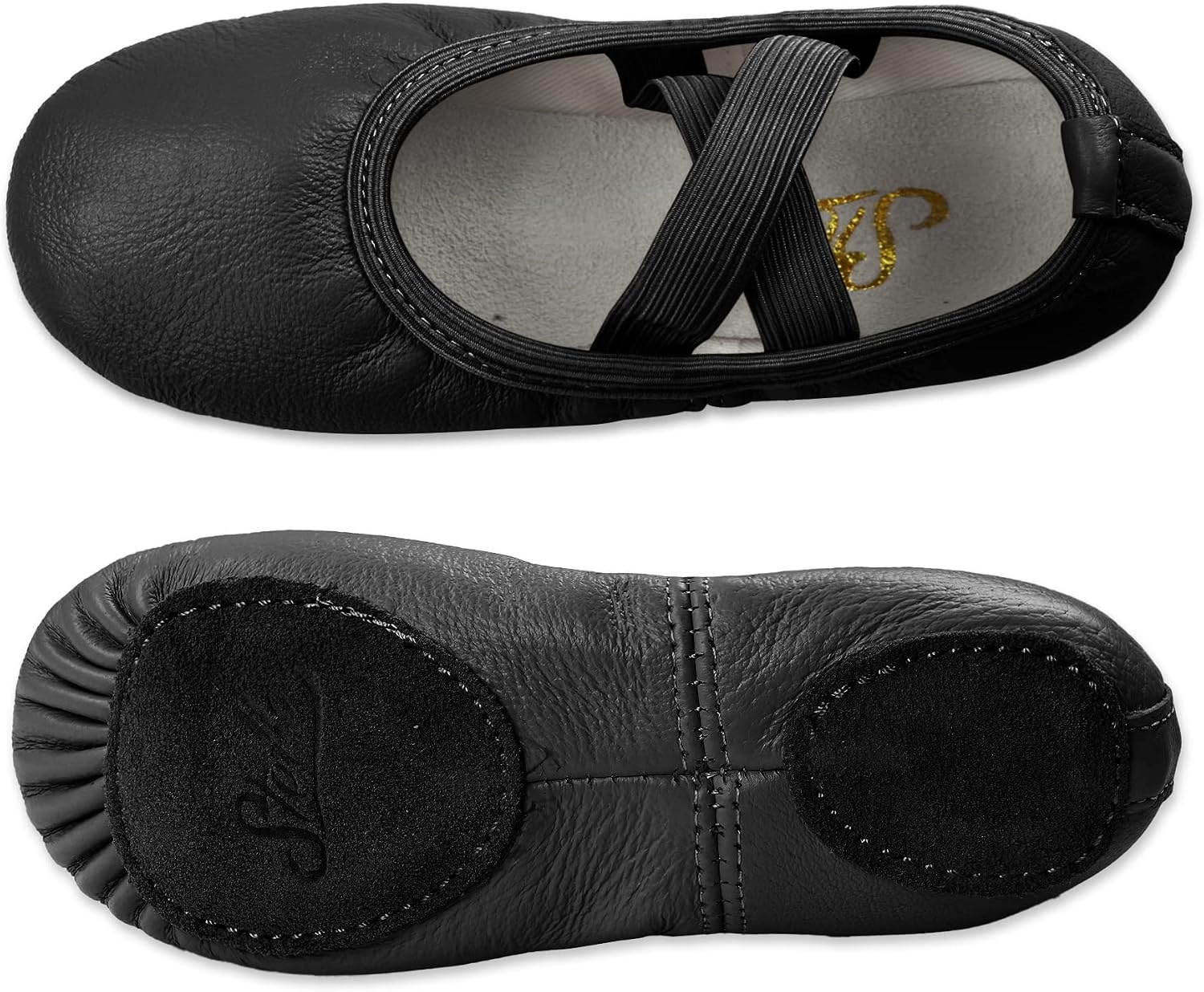 Stelle Ballet Shoes for Girls Genuine Leather Dance Slippers(Black (No-tie))