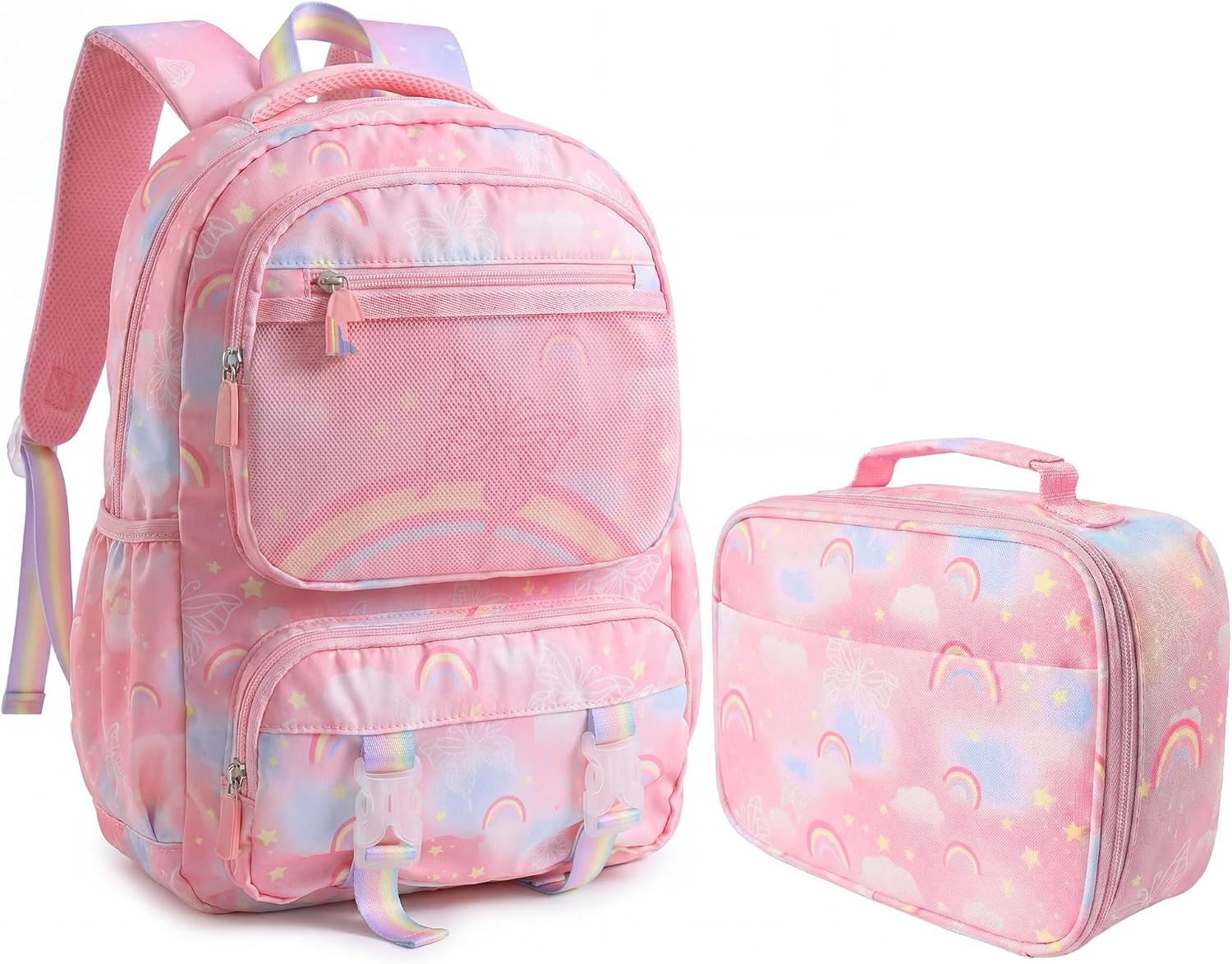 Stelle Girls School Backpack Butterfly Bookbag(RL with Lunch Box, F)(Rainbow Pink With Lunch Box)