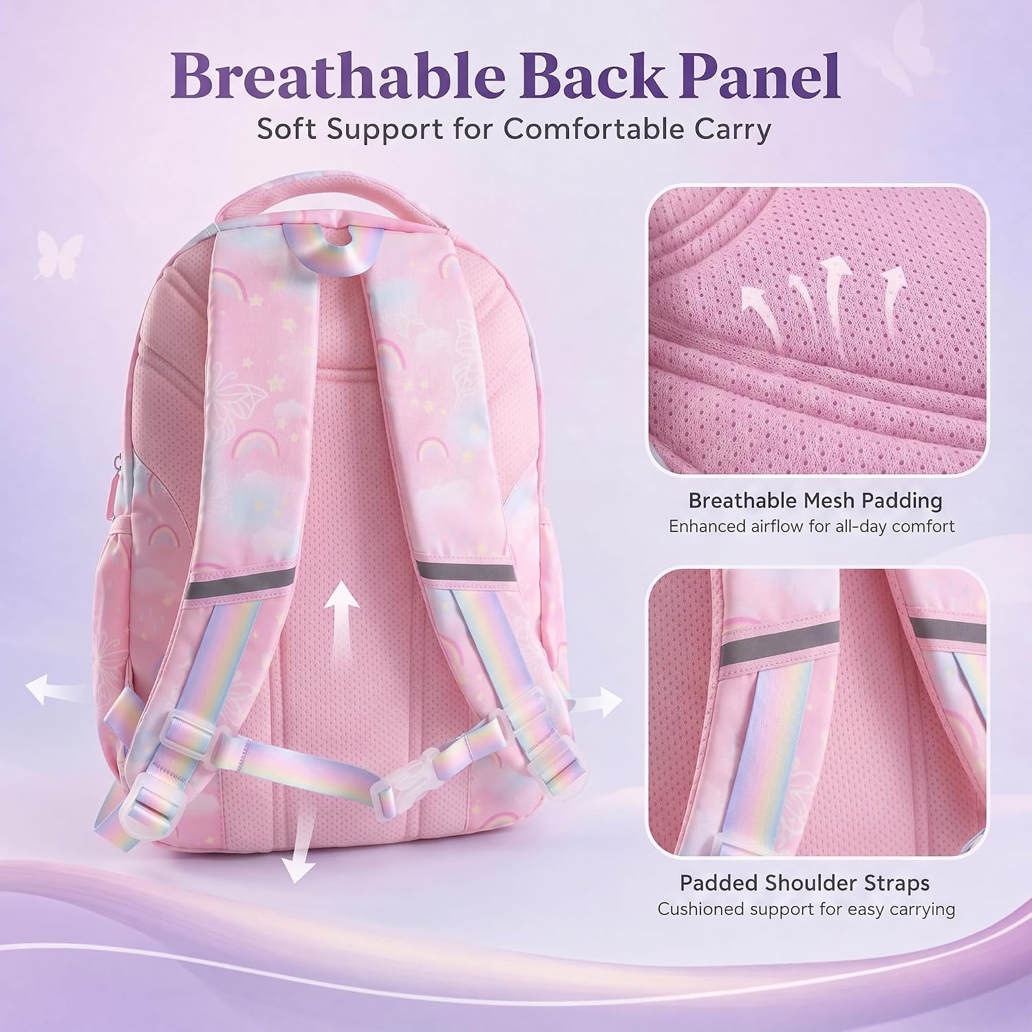 Stelle Girls School Backpack Butterfly Bookbag(RL with Lunch Box, F)(Rainbow Pink With Lunch Box)