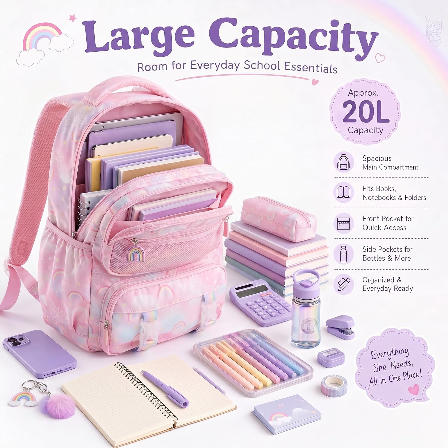 Stelle Girls School Backpack Butterfly Bookbag(RL with Lunch Box, F)(Rainbow Pink With Lunch Box)
