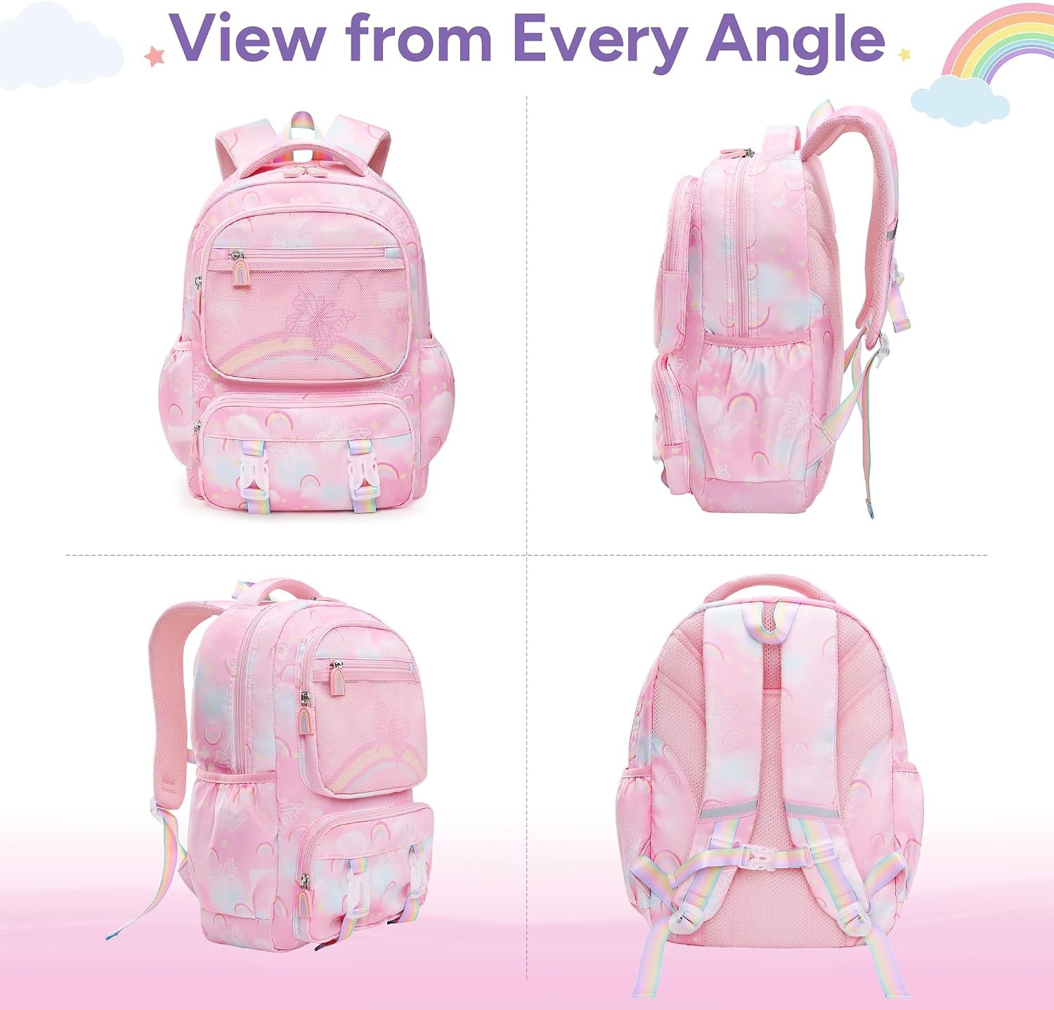 Stelle Girls School Backpack Butterfly Bookbag(RL with Lunch Box, F)(Rainbow Pink With Lunch Box)