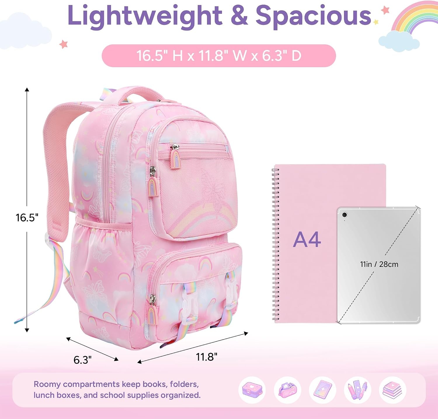 Stelle Girls School Backpack Butterfly Bookbag(RL with Lunch Box, F)(Rainbow Pink With Lunch Box)