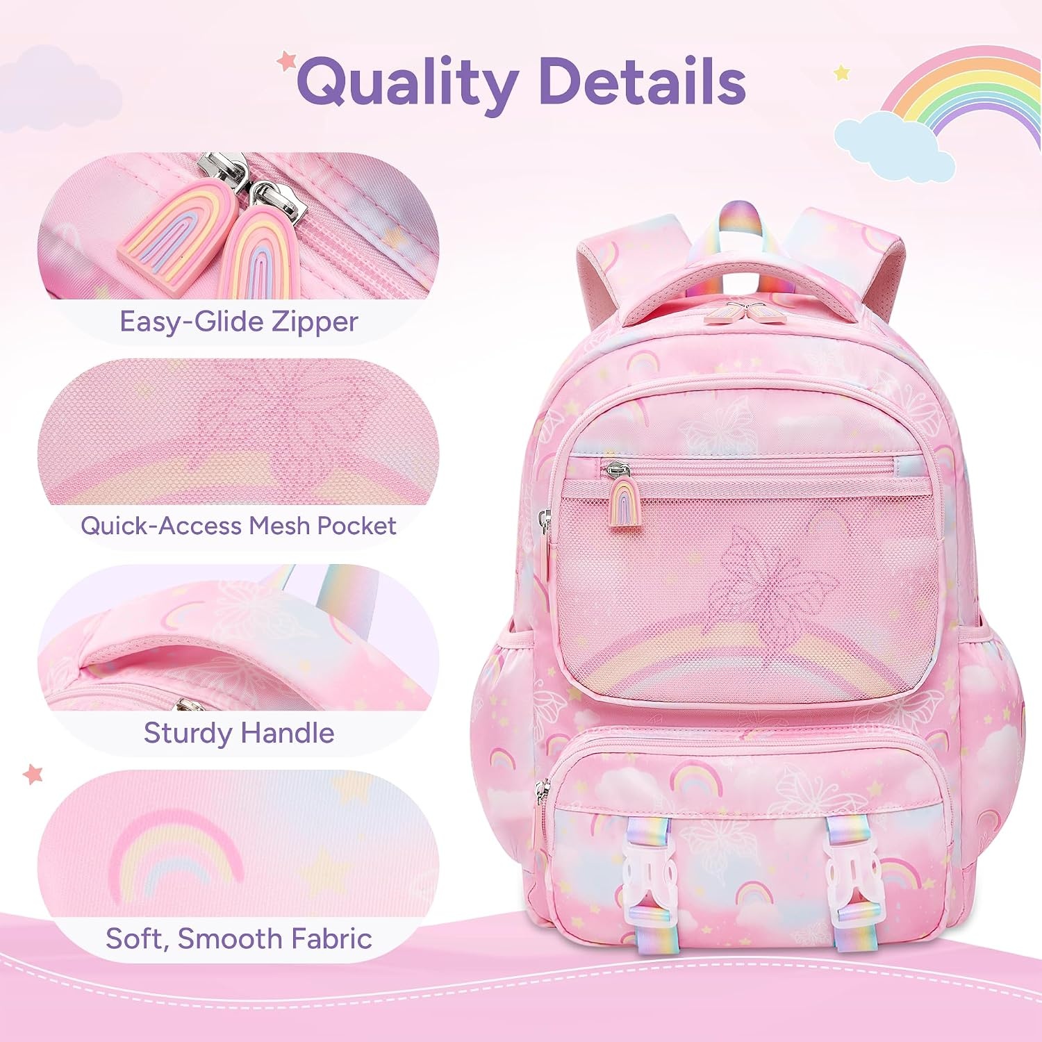 Stelle Girls School Backpack Butterfly Bookbag(RL with Lunch Box, F)(Rainbow Pink With Lunch Box)