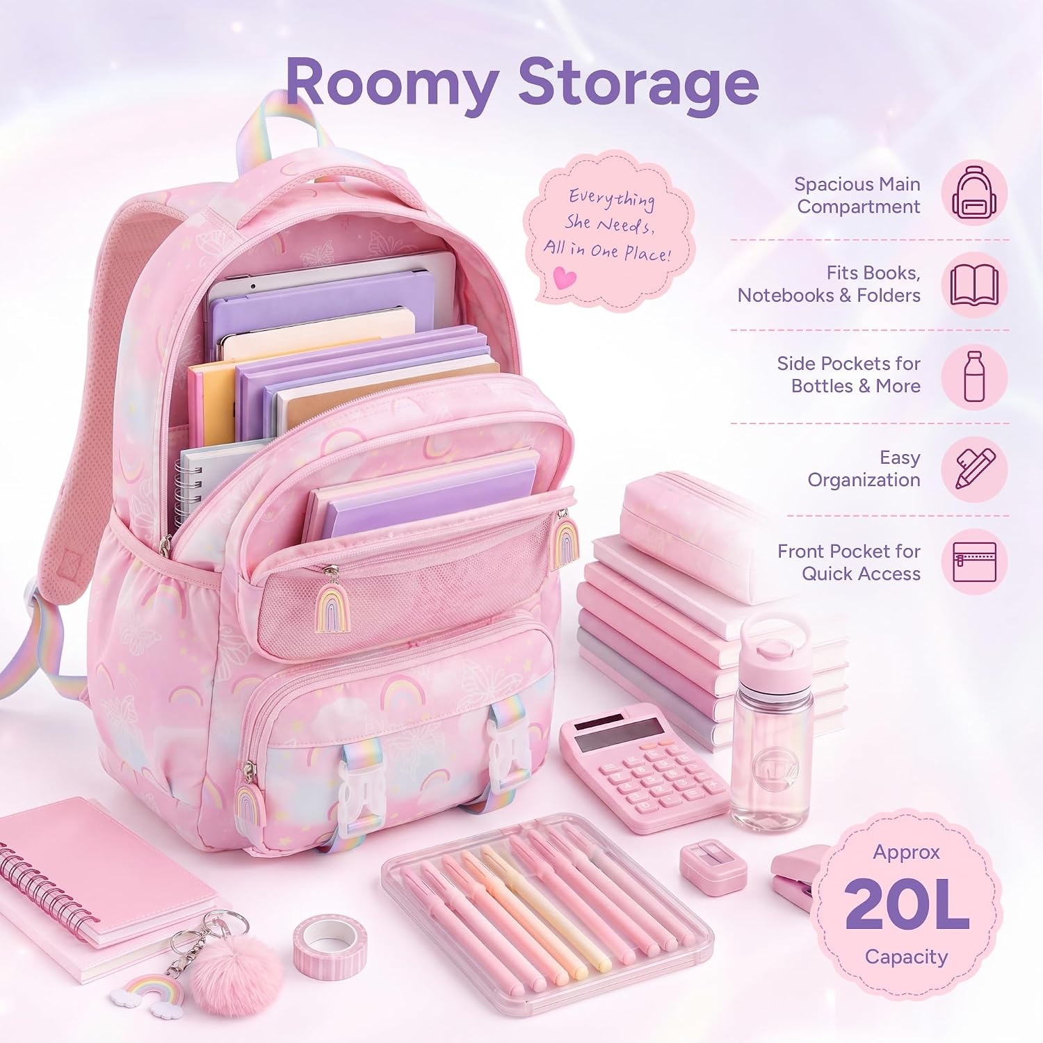 Stelle Girls School Backpack Butterfly Bookbag(RL with Lunch Box, F)(Rainbow Pink With Lunch Box)