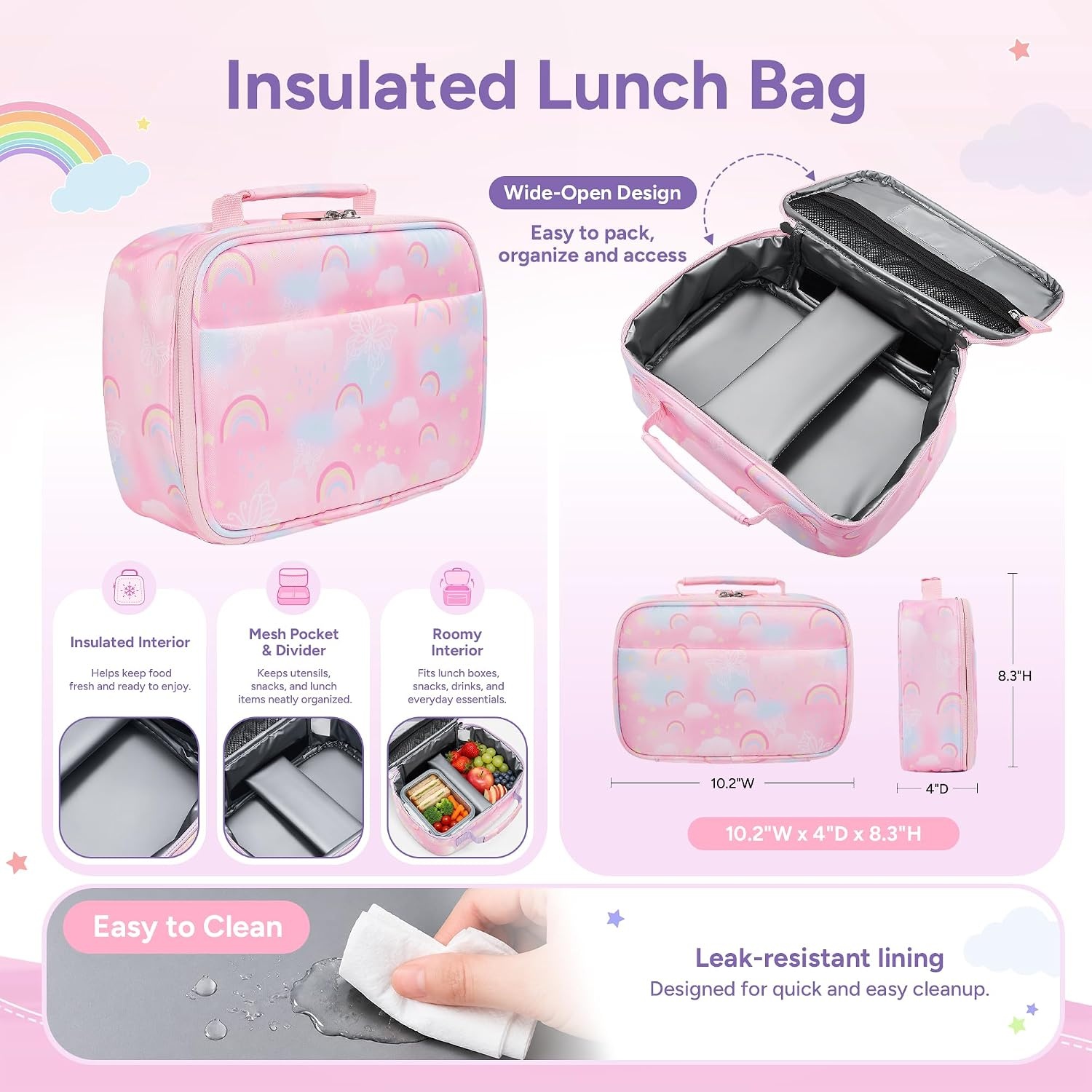 Stelle Girls School Backpack Butterfly Bookbag(RL with Lunch Box, F)(Rainbow Pink With Lunch Box)