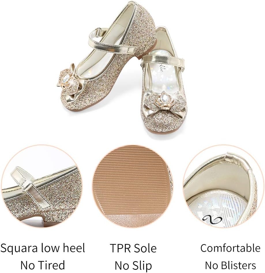 Stelle Girls Dress Shoes Glitter Princess Low Heels for Party Wedding Prom | Shiny glitter finish, Bowknot charms, 1 inch Low Heel, Cushioned comfort, Dress-up, Special occasions, Comfortable fit(T13-gold Glitter)