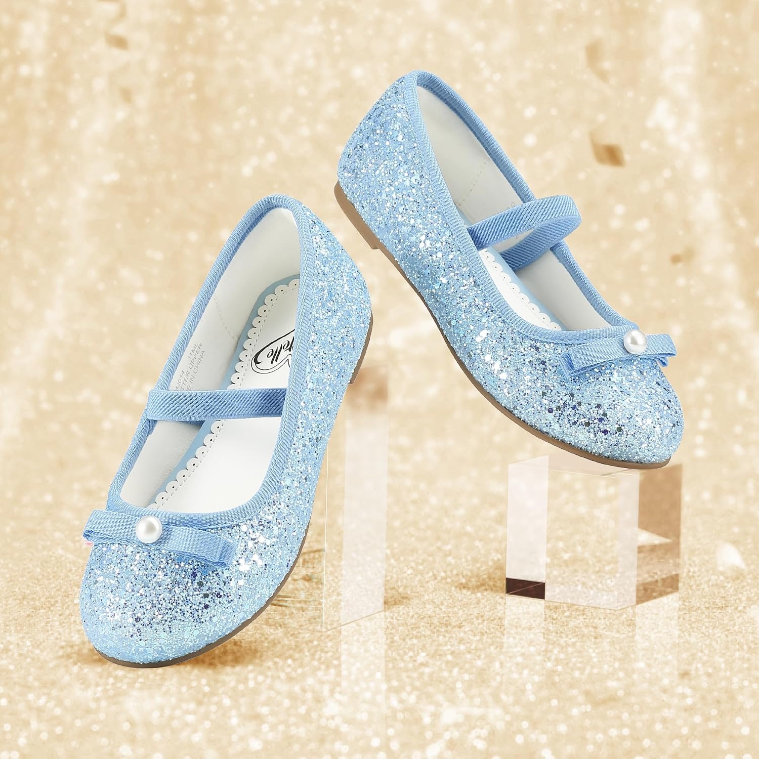 Stelle Girls Glitter Dress Shoes Flats with Pearl Bow for Party Flower Girl | Elastic strap, Cushioned comfort, Princess shoes, Ballet flat style, Flower girl, Dress-up, Special occasions(Icy Blue)