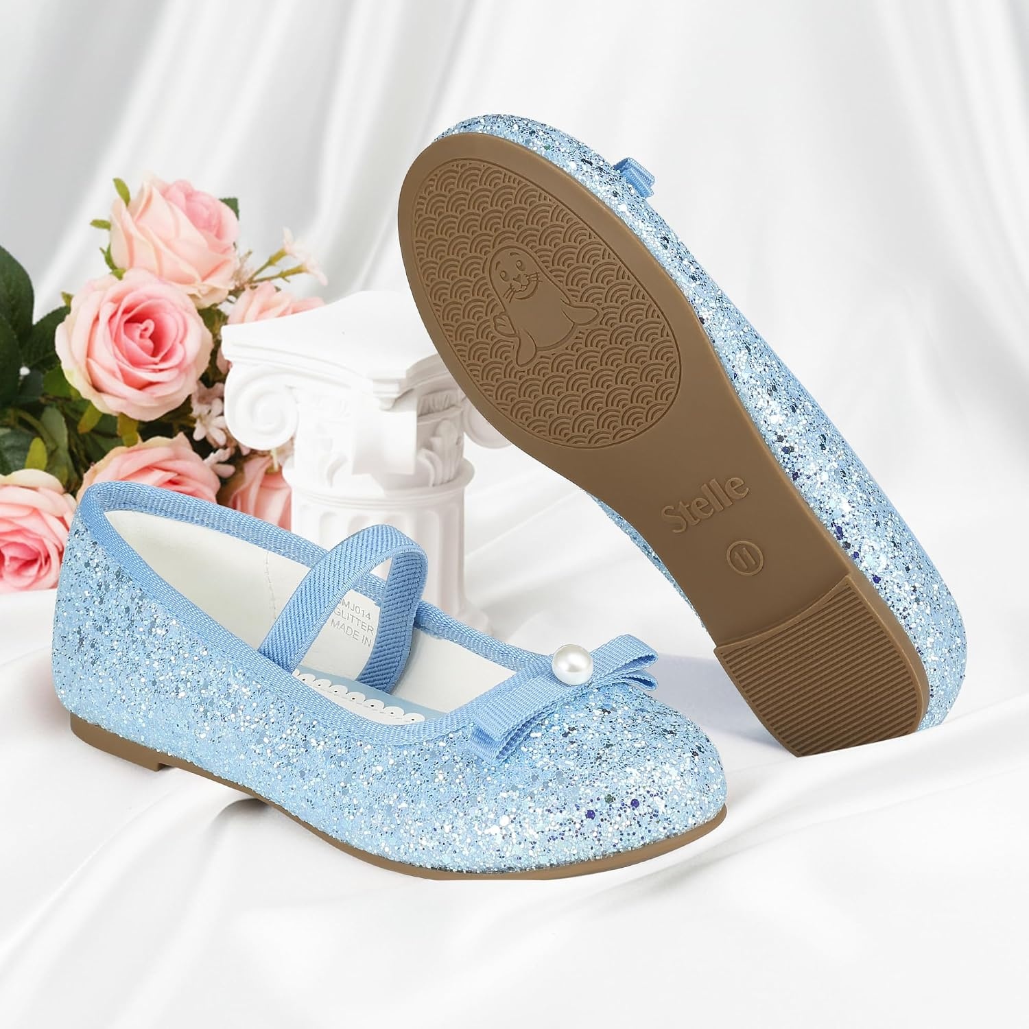 Stelle Girls Glitter Dress Shoes Flats with Pearl Bow for Party Flower Girl | Elastic strap, Cushioned comfort, Princess shoes, Ballet flat style, Flower girl, Dress-up, Special occasions(Icy Blue)