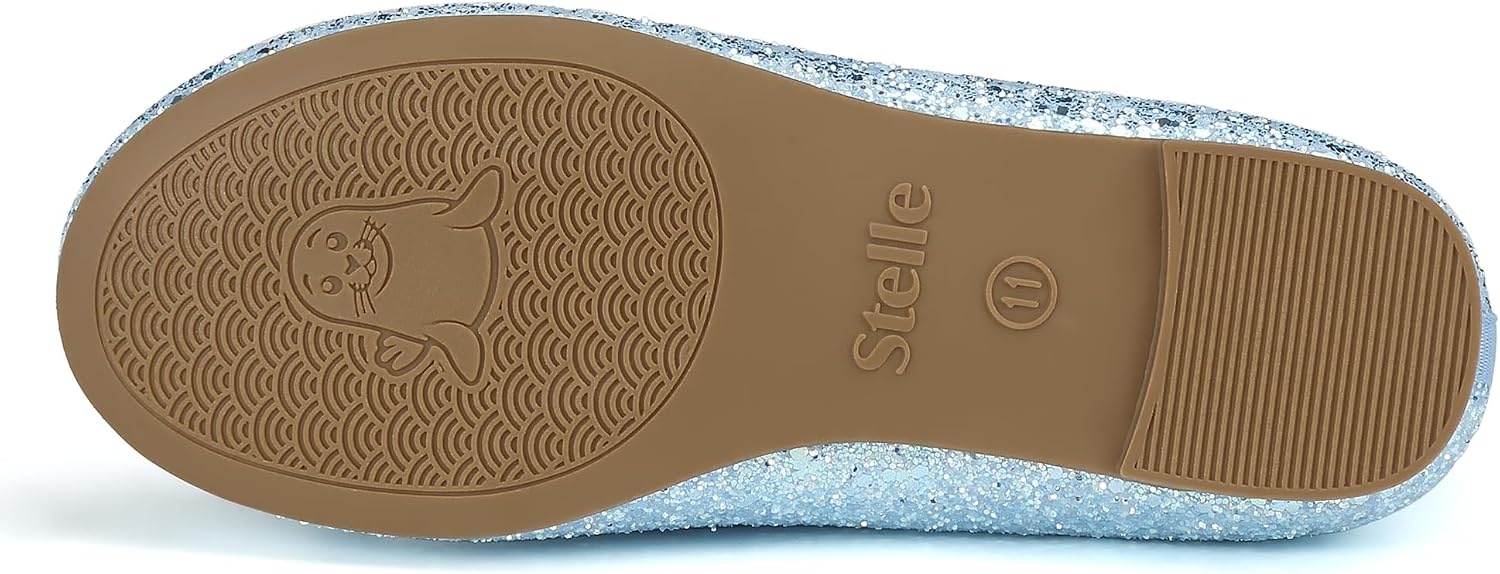 Stelle Girls Glitter Dress Shoes Flats with Pearl Bow for Party Flower Girl | Elastic strap, Cushioned comfort, Princess shoes, Ballet flat style, Flower girl, Dress-up, Special occasions(Icy Blue)
