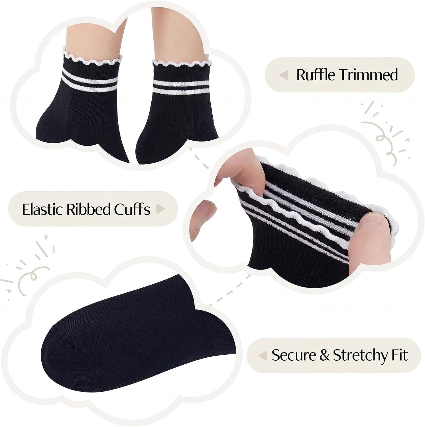 Stelle Girls Socks Cotton Ruffle Athletic Ankle Sock 3/4/5 Pairs for Kids | Sporty Stripes, Activewear Sock, Breathable Comfort, Soft, Sweet Frilly Trim, Stretchy Ribbed, Big Girl, Toddler, 3-18 Years(5 Black)