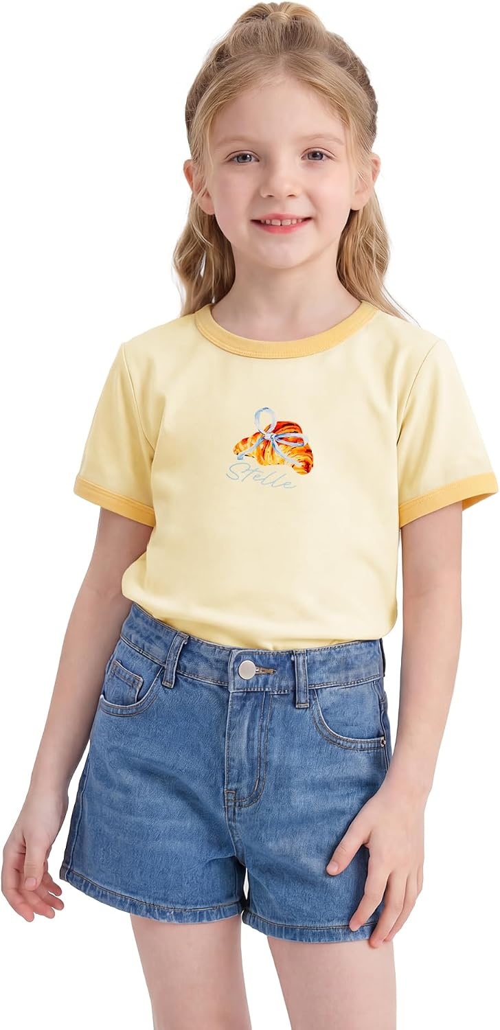 Stelle Girls Retro Graphic T Shirt Soft Stretch Crewneck for School | Lightweight, Breathable, Soft, Stretchy, Cherry graphic, Relaxed fit, School, Play, Sports, Everyday wear, Vintage style(Butter Croissant|vanilla)