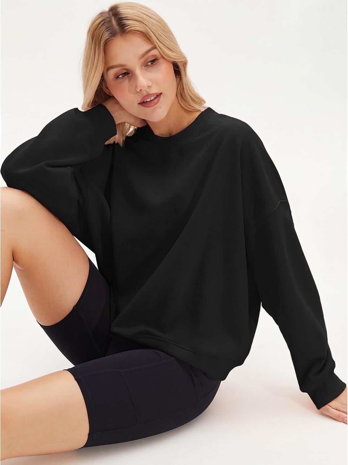 Stelle Women’s 100% Cotton Oversized Sweatshirt Crewneck Pullover | Pure Cotton, Relaxed fit, Hip-Length, Brushed comfy, Layering essential, Lounge, Travel, Streetwear, Versatile(Black)