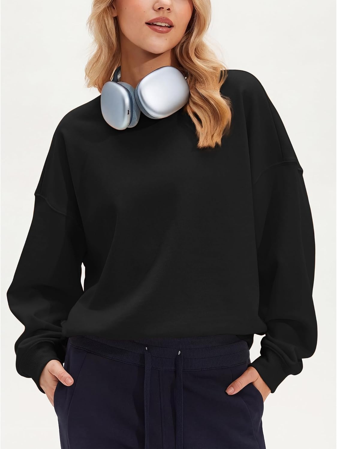 Stelle Women’s 100% Cotton Oversized Sweatshirt Crewneck Pullover | Pure Cotton, Relaxed fit, Hip-Length, Brushed comfy, Layering essential, Lounge, Travel, Streetwear, Versatile(Black)