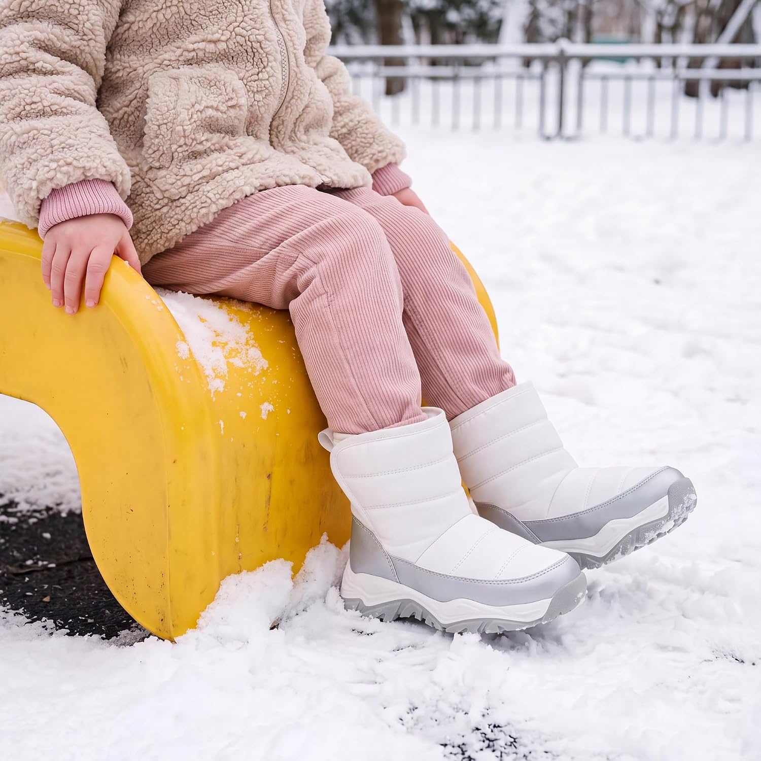 Stelle Toddler Snow Boots Girls Lightweight Warm Winter Shoes | Boys Outdoor Sport, Cold Weather, Water Repellent, Soft Faux Fur Lined, Non Slip, Mid Calf, Hook and Loop, Little & Big Kids(White)