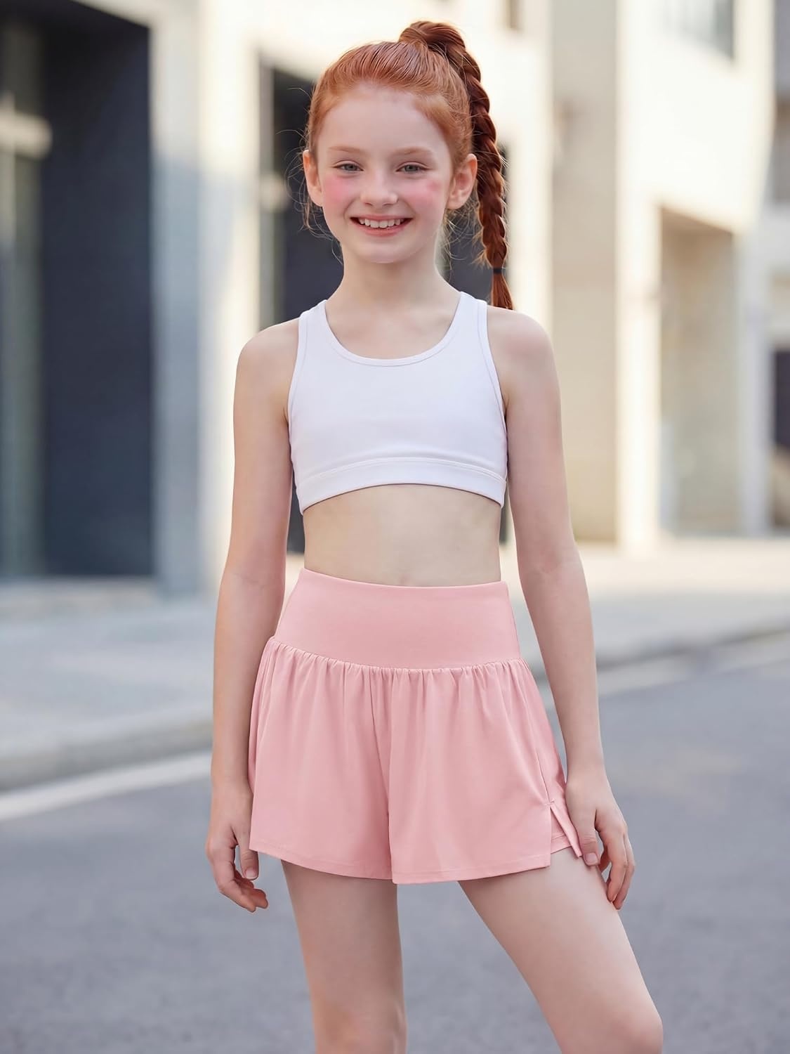 Stelle Girls Athletic Shorts Flowy Running Butterfly Short with Pockets | Lightweight, 2 in 1 Butterfly Design, Built-in Shorts, Inner Pockets, Running, Tennis, Soccer, Dance, Active Wear(Light Pink)