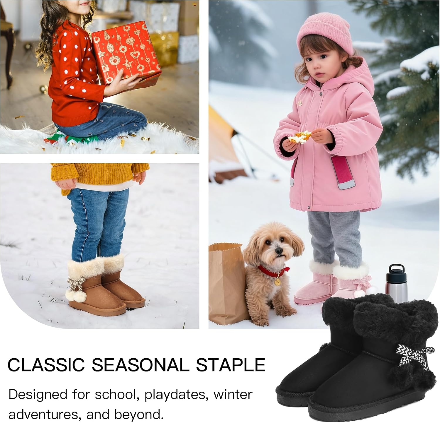 Stelle Girls Winter Boots Fuzzy Snow Boots for Kids(Warm Black)