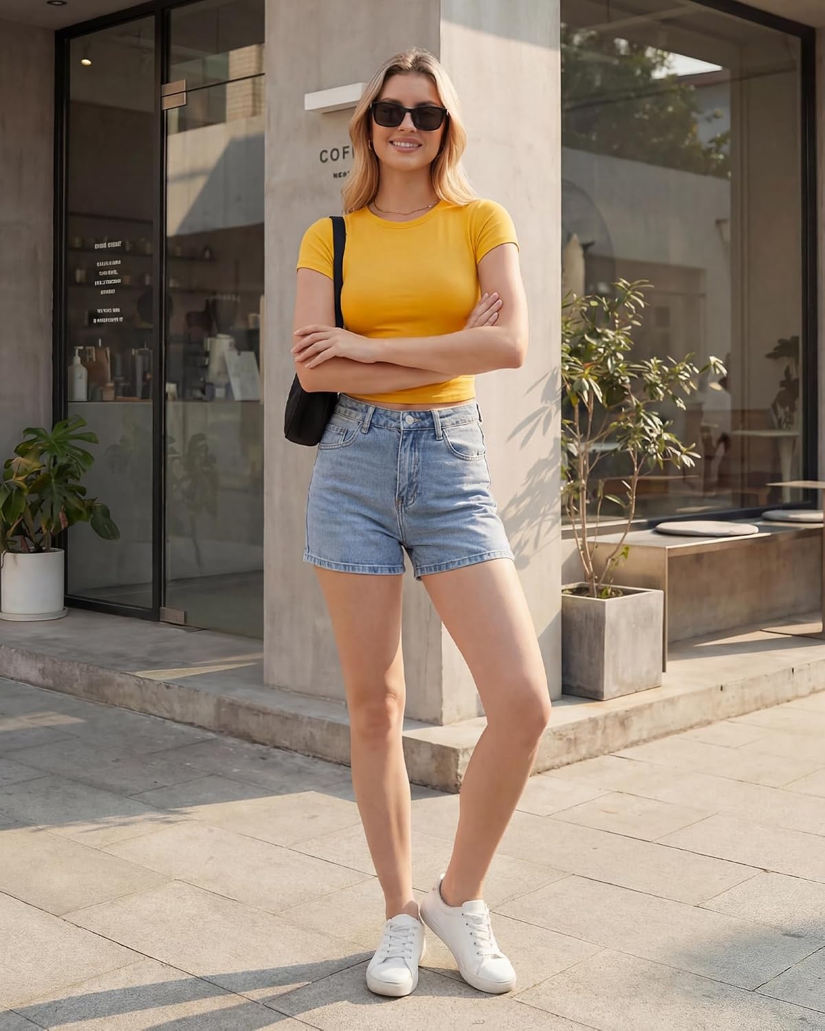 Stelle Women Short Sleeve Crop Tops Cropped T Shirts Basic Fitted Baby Tee | Soft breathable fabric, Slim fit, Layering essential, Streetwear, Machine washable, Four-way stretch(Sun Ray)