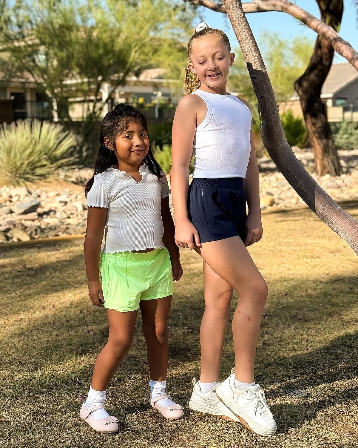 Stelle Girls 2-in-1 Athletic Shorts with Zipper Pockets for Running Sports(Neon Yellow)