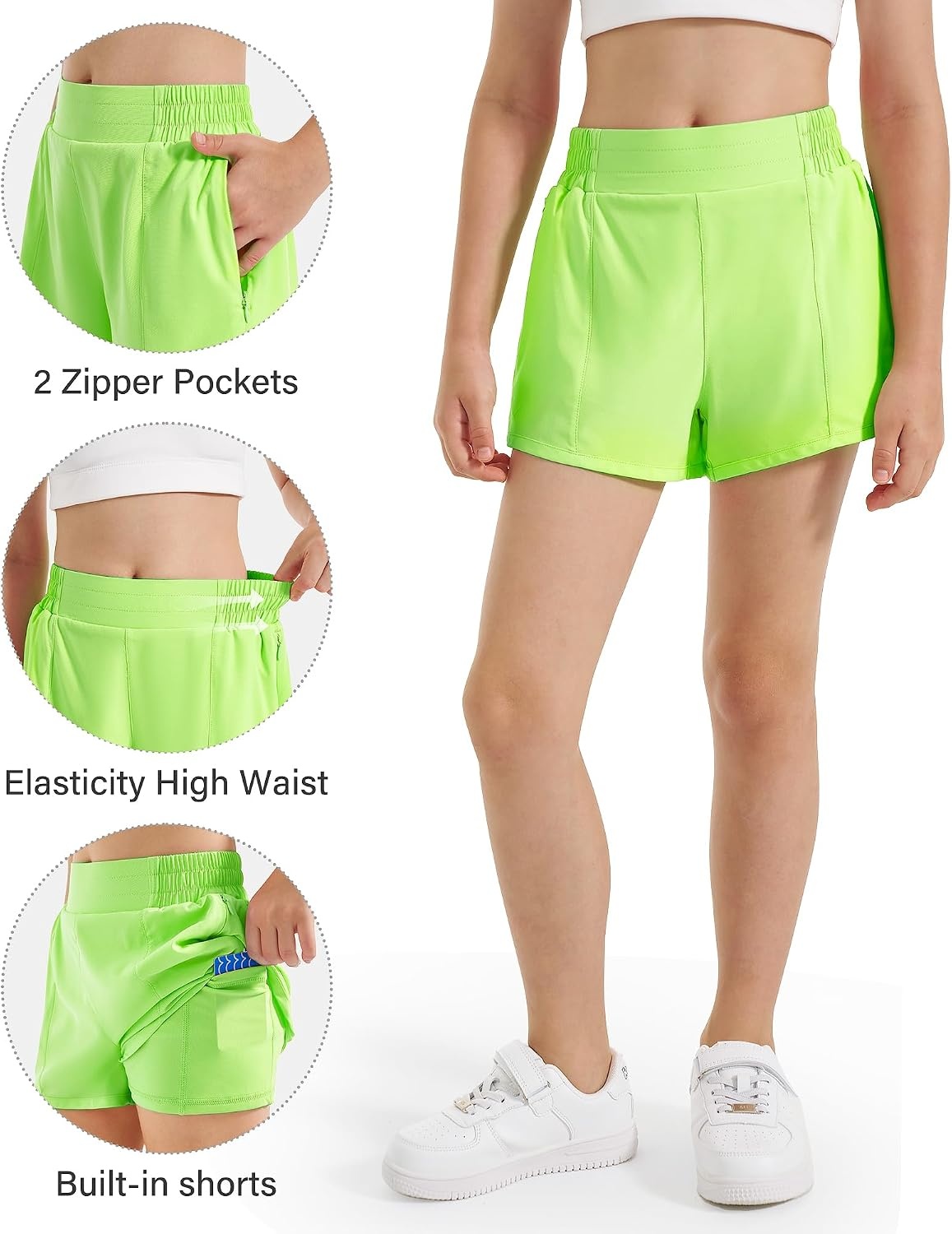 Stelle Girls 2-in-1 Athletic Shorts with Zipper Pockets for Running Sports(Neon Yellow)