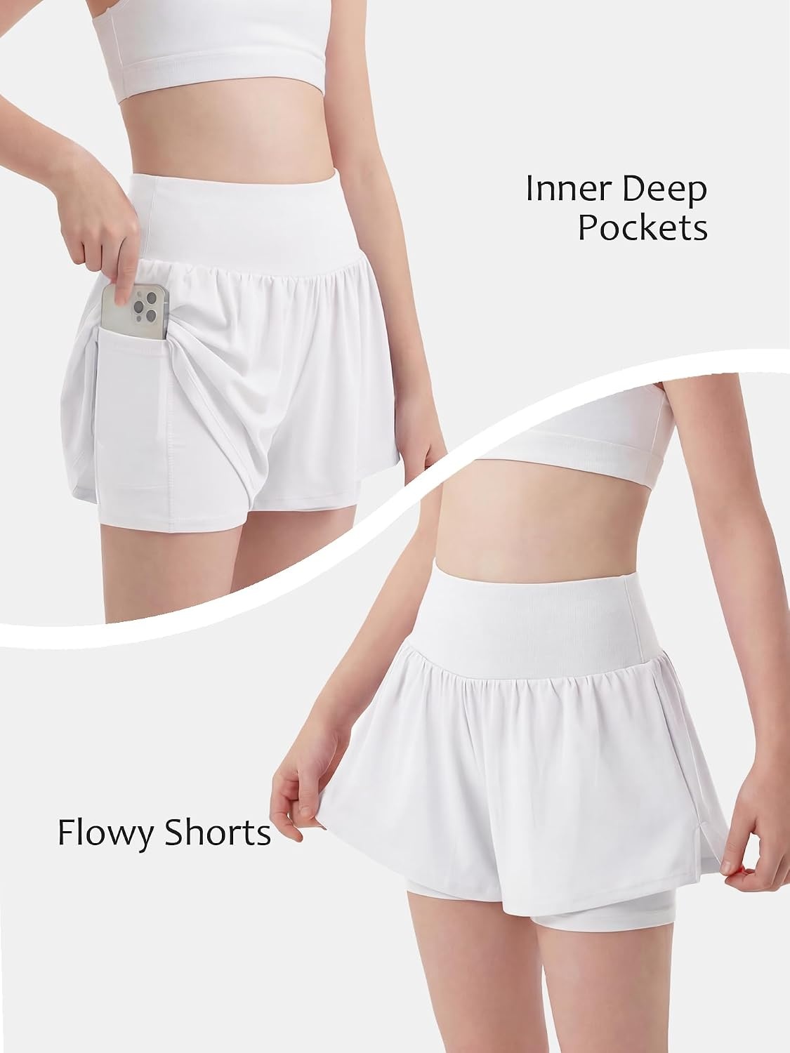 Stelle Girls Athletic Shorts Flowy Running Butterfly Short with Pockets | Lightweight, 2 in 1 Butterfly Design, Built-in Shorts, Inner Pockets, Running, Tennis, Soccer, Dance, Active Wear(White)
