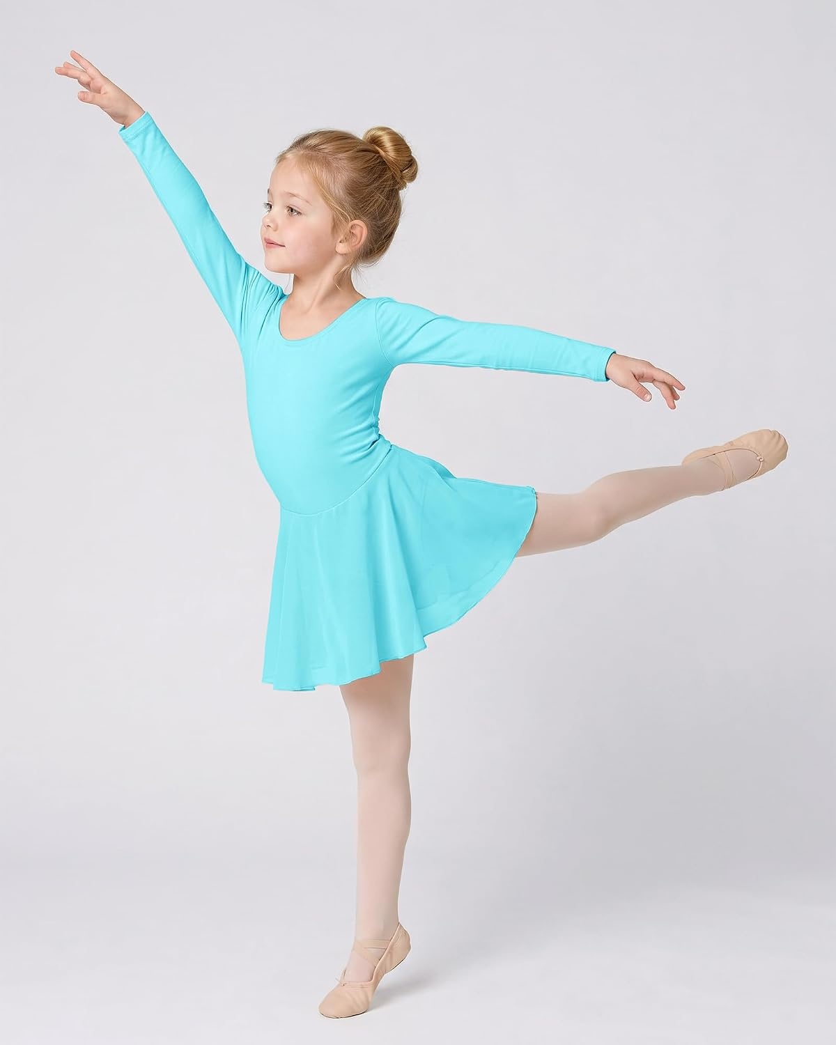 Stelle Girls Long Sleeve Leotard Dress with Footed Tights for Ballet/Dance(Pool Blue)