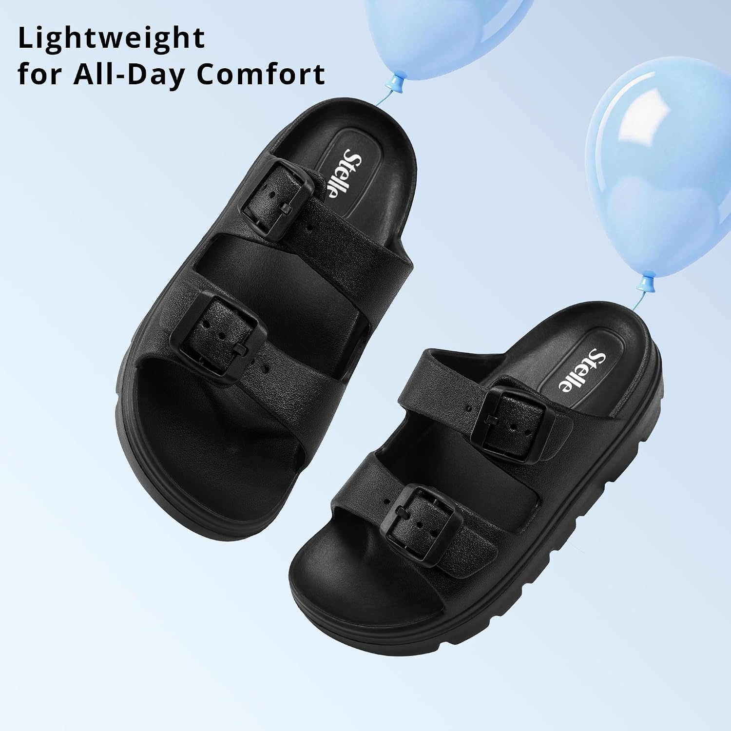 Stelle Girls Double Buckle Slide Sandals Boy Slippers | Kids Summer Shoes,Shower,Beach,Pool,Slip on Clouds,Waterproof,Easy to clean(Black)