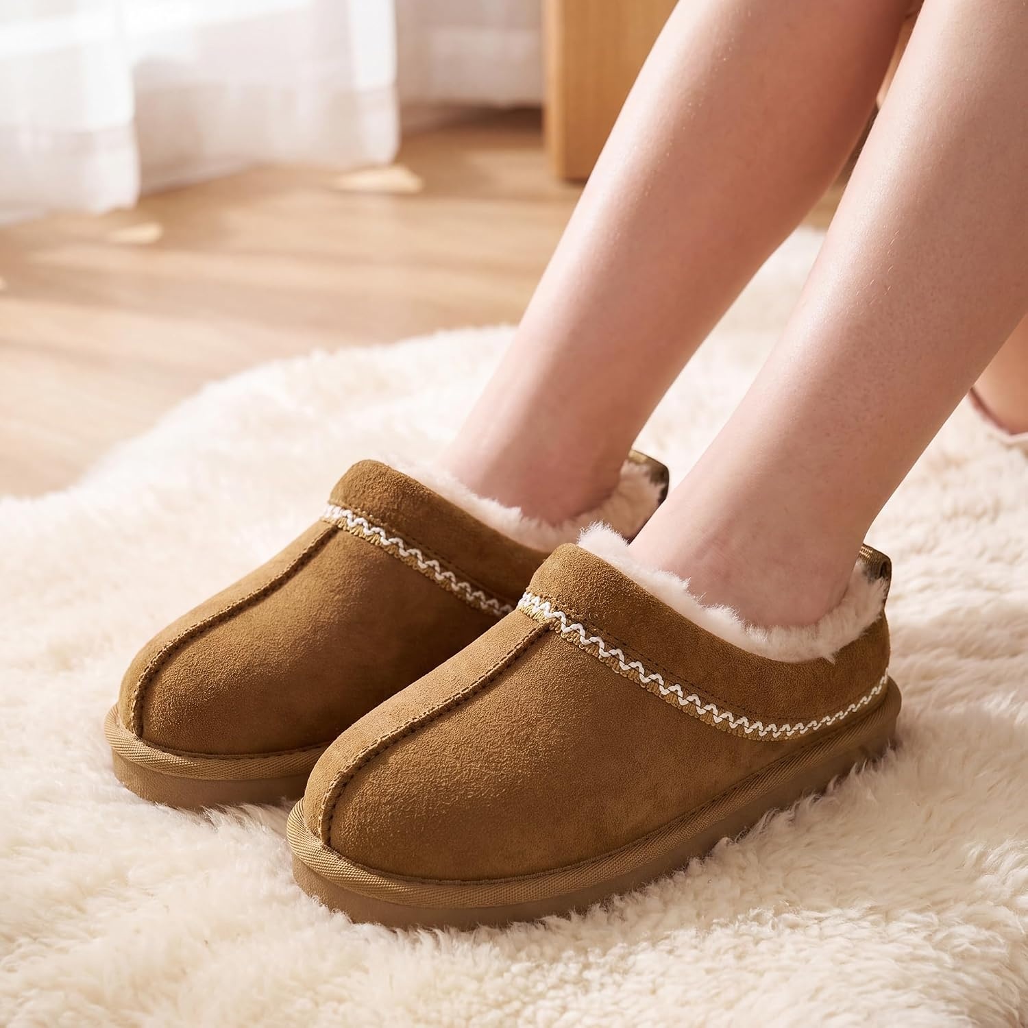 Stelle Girls Slippers Kids Fuzzy House Shoes Slip-On Indoor Outdoor(Chestnut)