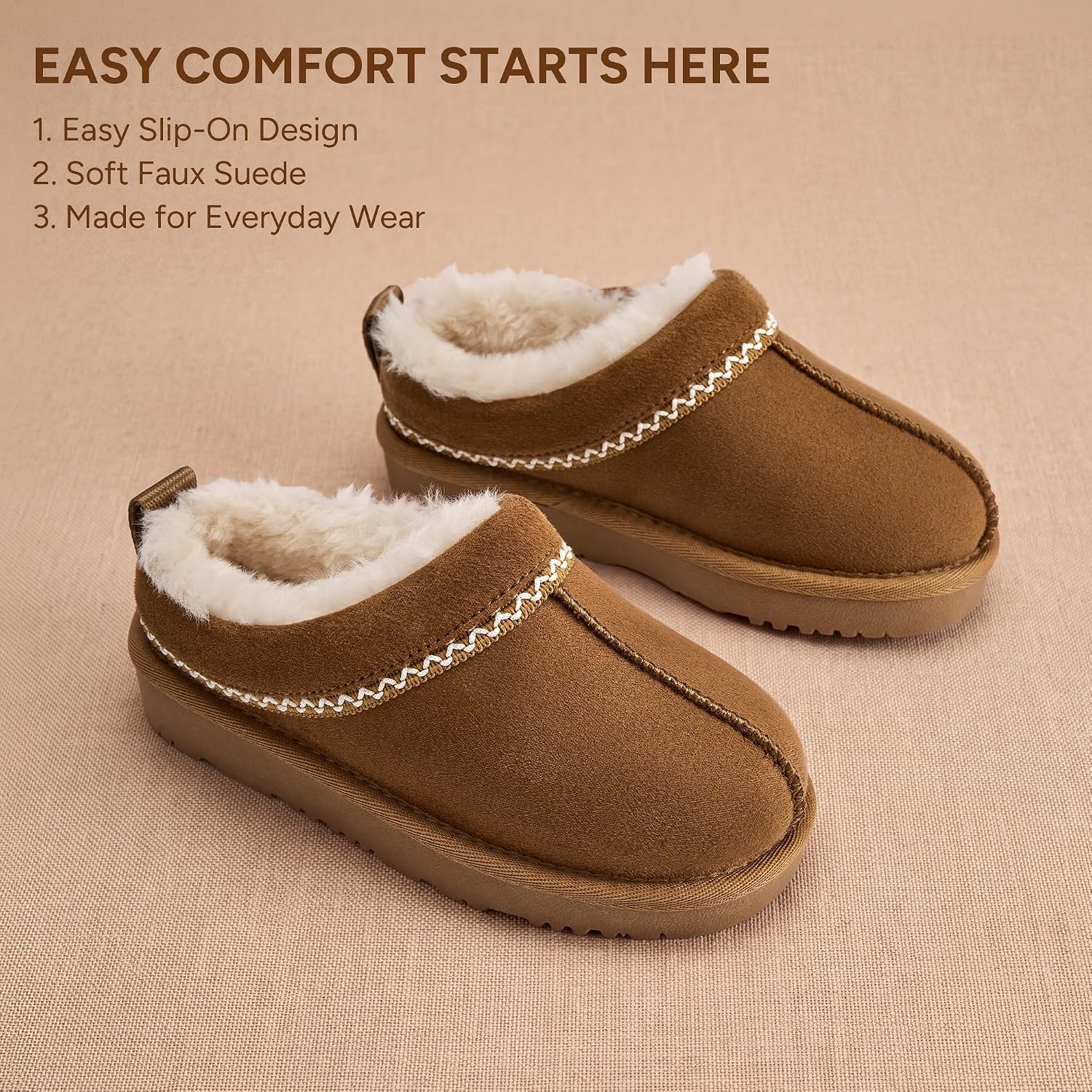 Stelle Girls Slippers Kids Fuzzy House Shoes Slip-On Indoor Outdoor(Chestnut)