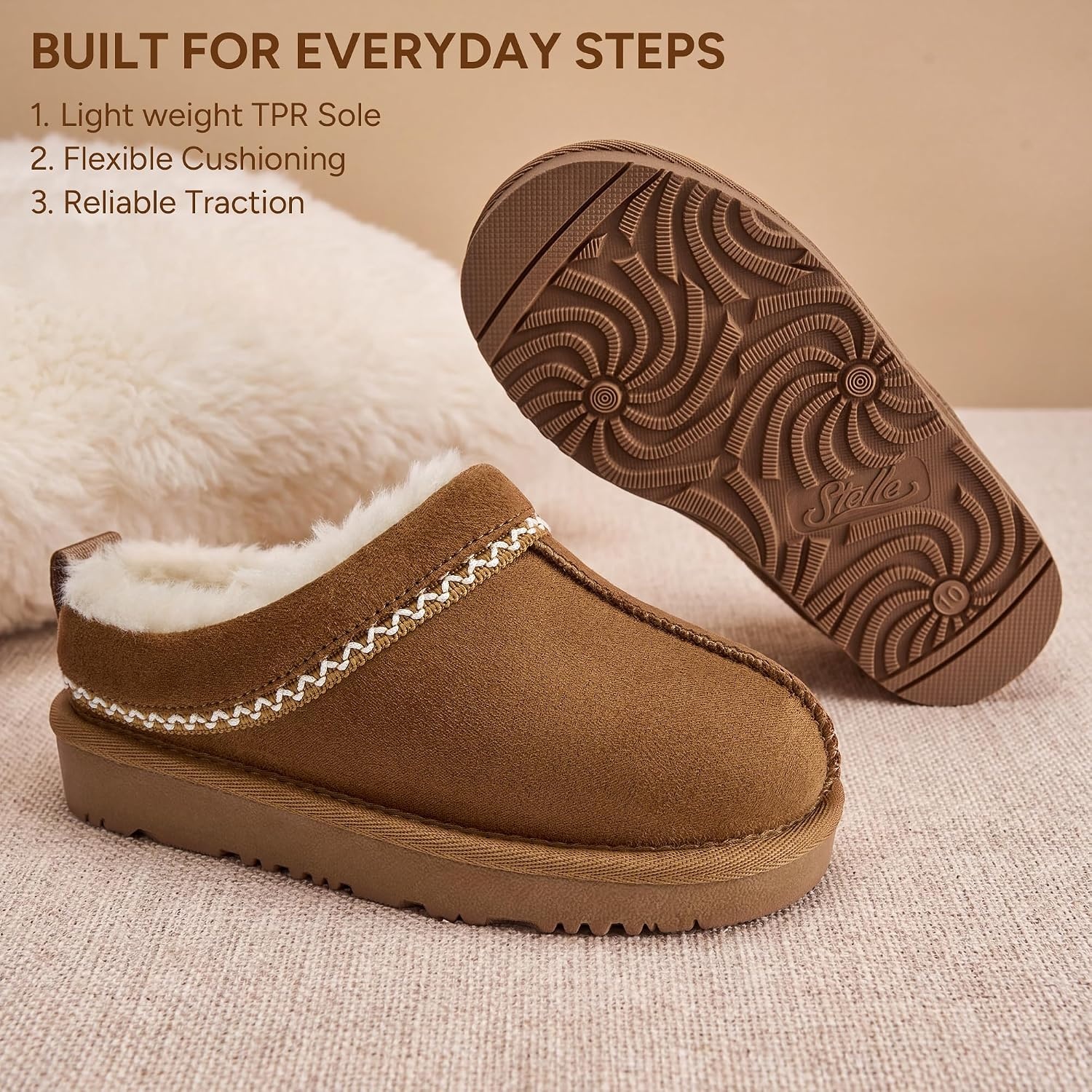 Stelle Girls Slippers Kids Fuzzy House Shoes Slip-On Indoor Outdoor(Chestnut)