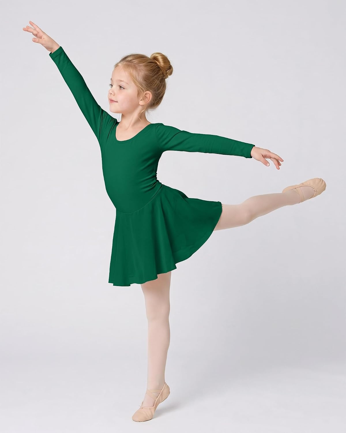 Stelle Girls Long Sleeve Leotard Dress with Footed Tights for Ballet/Dance(Green)